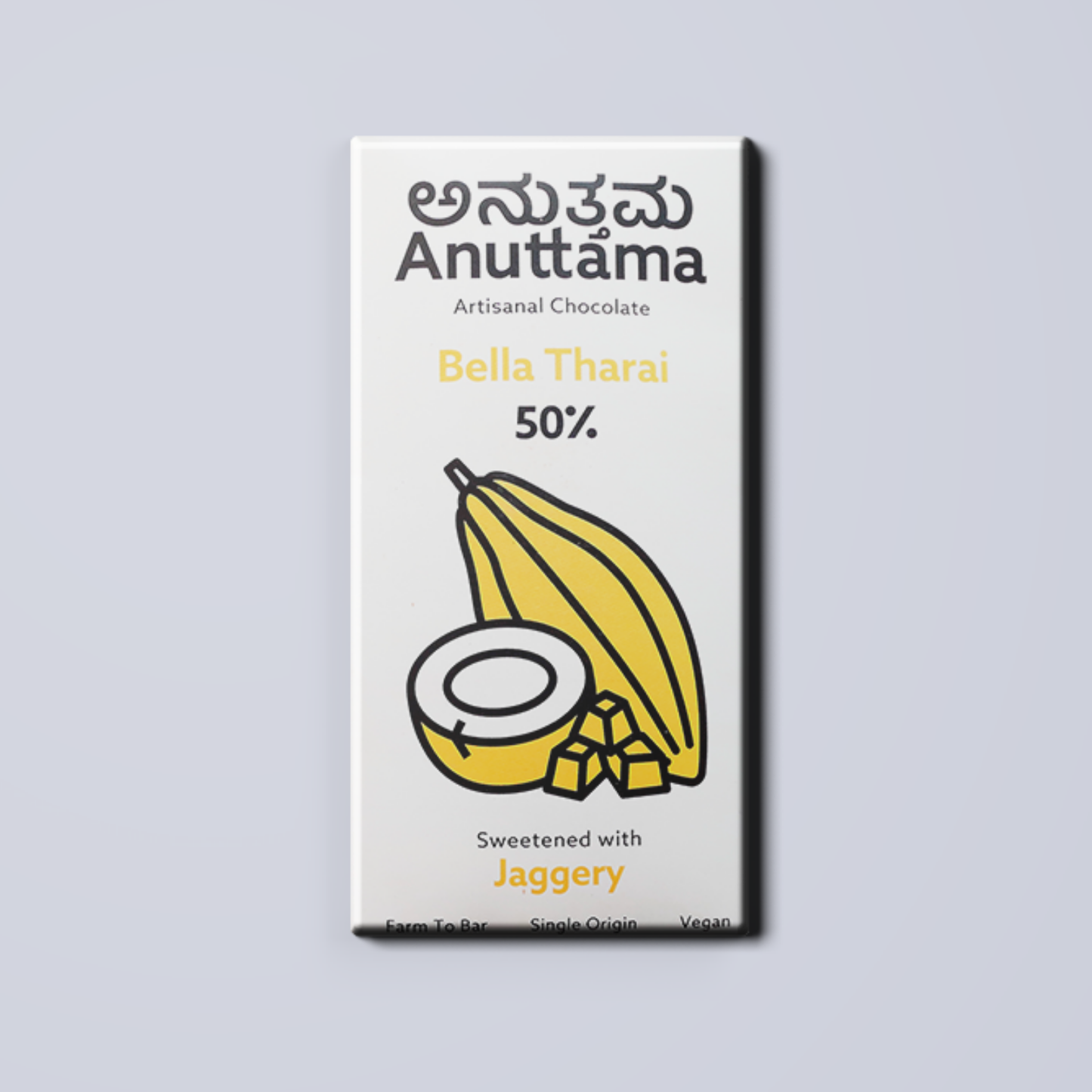 ANUTTAMA Bella Tharai  Dark Chocolate | Jaggery and Coconut Mylk |  50% Cocoa -Natural Jaggery Sweetened ( 50g Pack of 1)