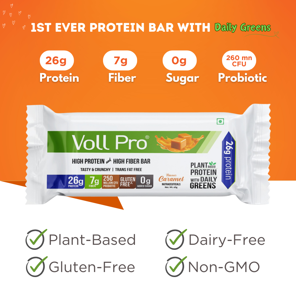 Voll Pro Plant Protein Bar With Daily Greens | Caramel Flavor Protein Bar | Sugar Free Bar With 26g Plant Protein and 7g Fiber | Each Bar of 65g | Pack of 6 Bars