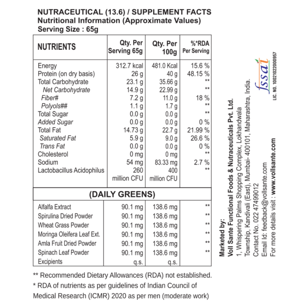 Voll Pro Plant Protein Bar With Daily Greens | Caramel Flavor Protein Bar | Sugar Free Bar With 26g Plant Protein and 7g Fiber | Each Bar of 65g | Pack of 6 Bars