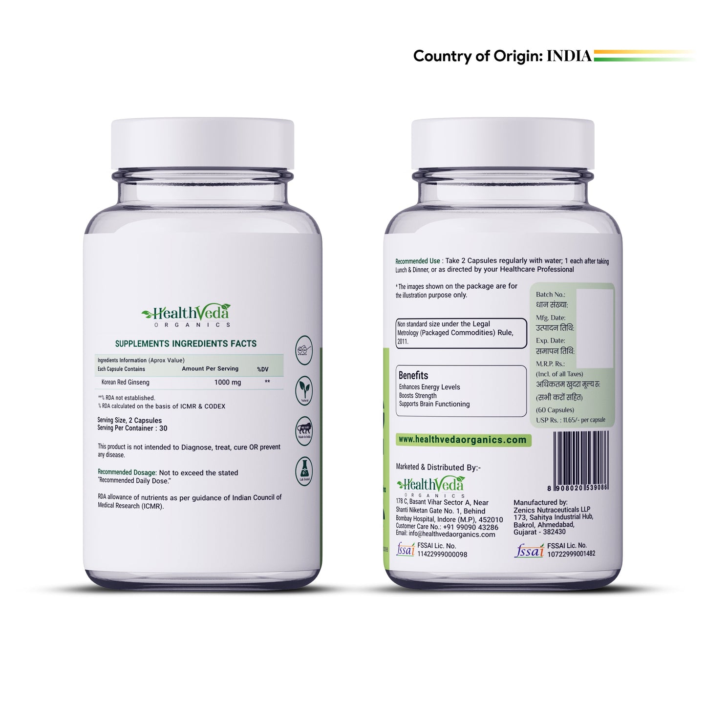 Health Veda Organics Korean Red Ginseng 1000 mg | 60 Veg Capsules | Supports Energy, Vitality & Strength | For Men & Women