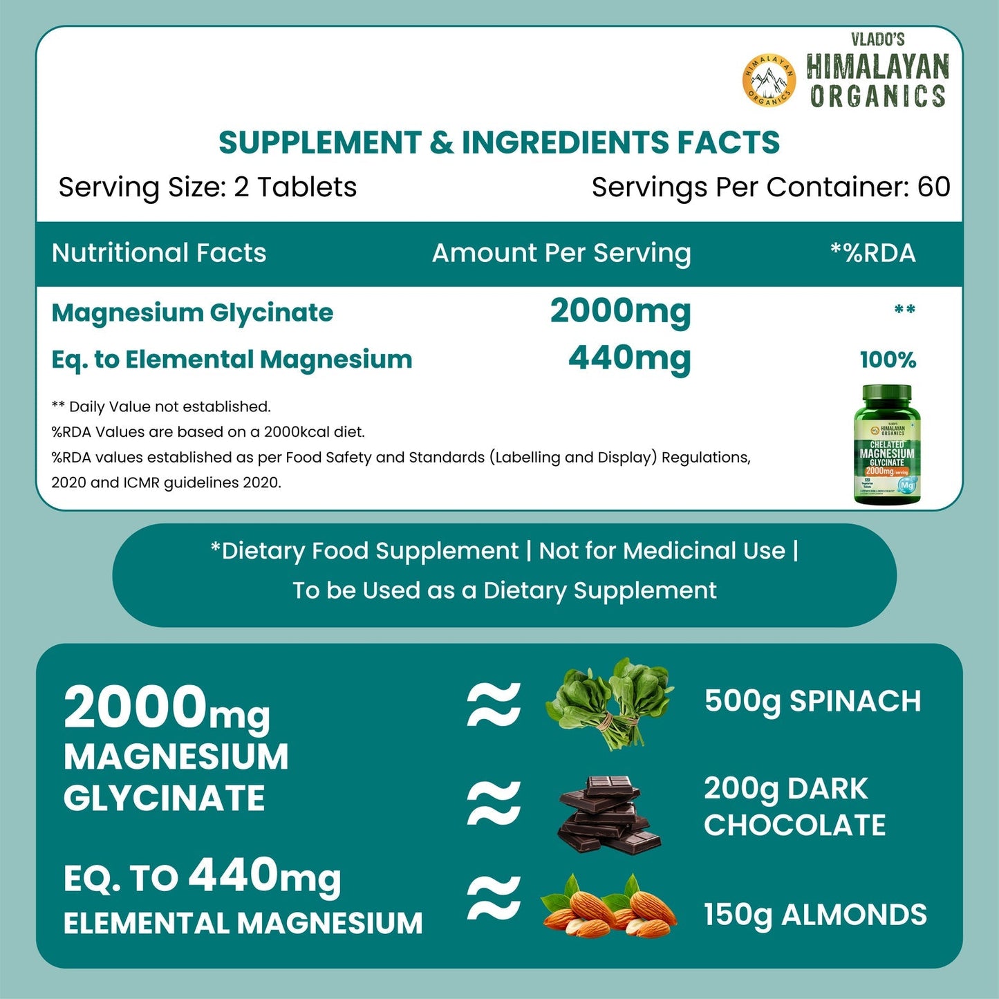 Vlado's Himalayan Organics Chelated Magnesium Glycinate | 120 Vegan Tablets