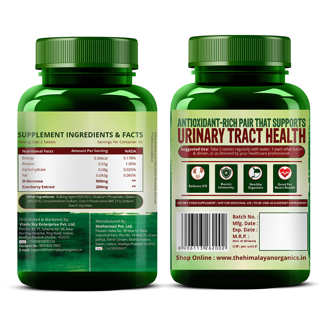 Vlado's Himalayan Organics D-MANNOSE + CRANBERRY Antioxidant Rich Supplement - 90 Tablets