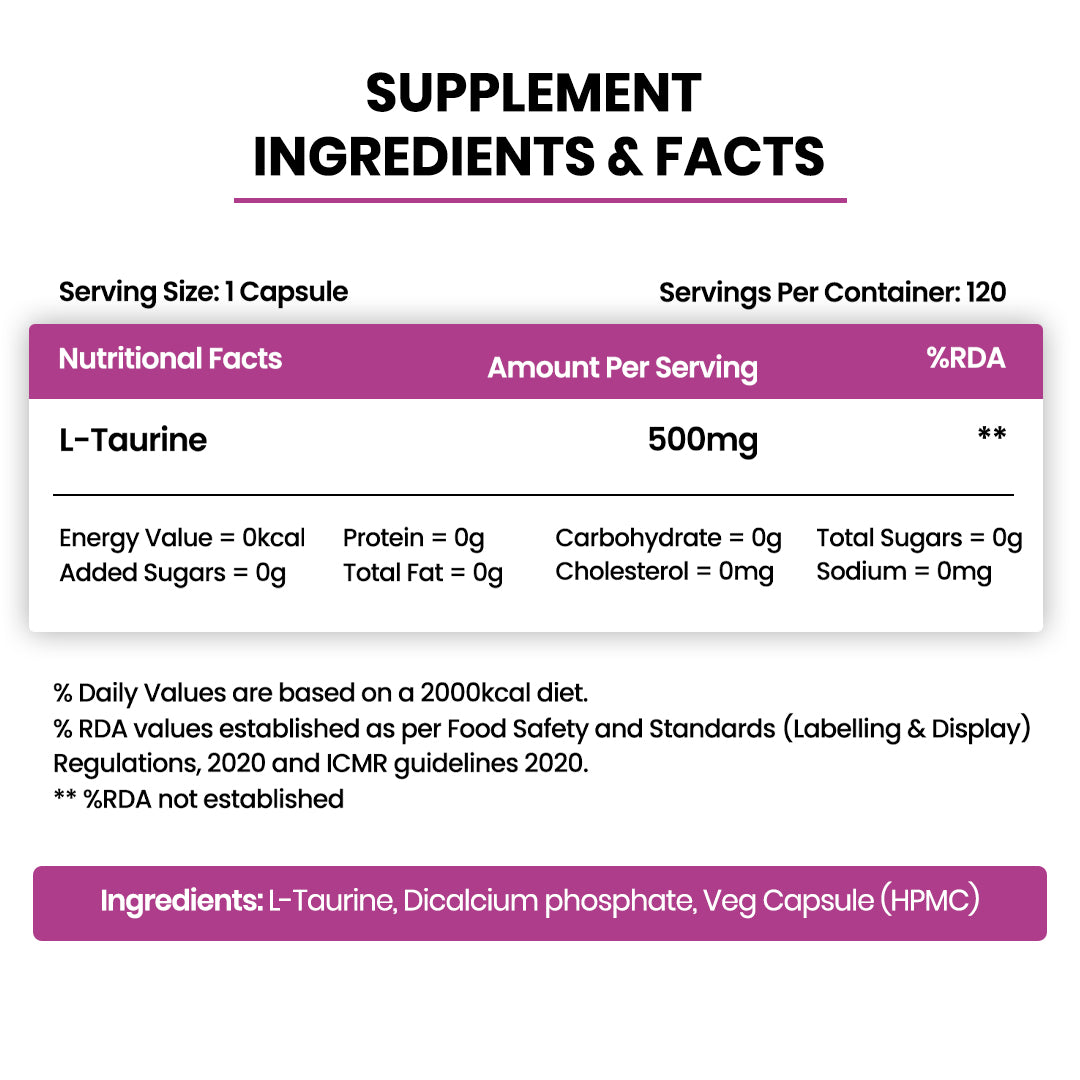 Vlado's Himalayan Organics L-Taurine 500mg Supplement | 120 Veg Capsules