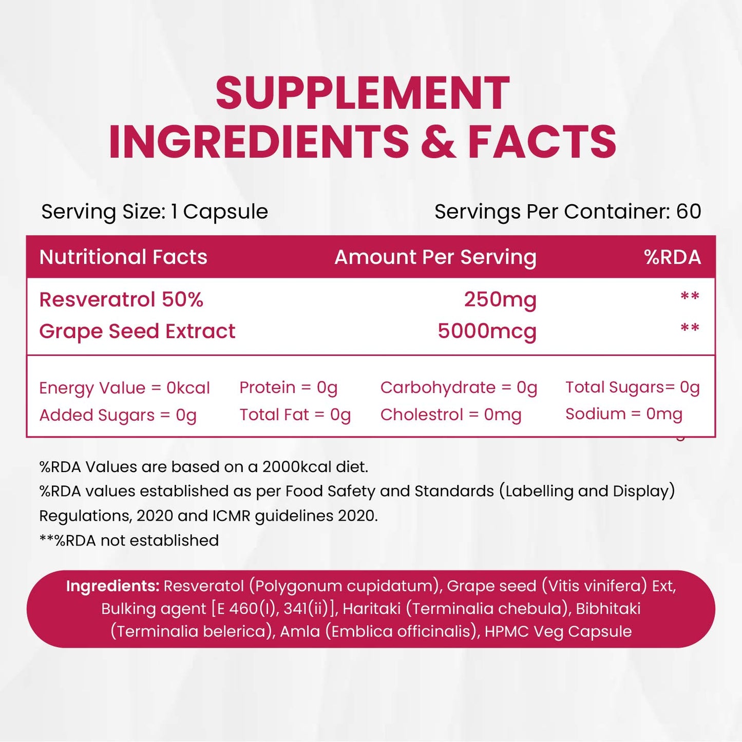 Vlado's HImalayan Organics Resveratrol 255mg with Grape Seed Extract Supplement | Support Heart And Skin Health | Powerful Anti-oxidant for Anti-Ageing - 60 Veg Capsules