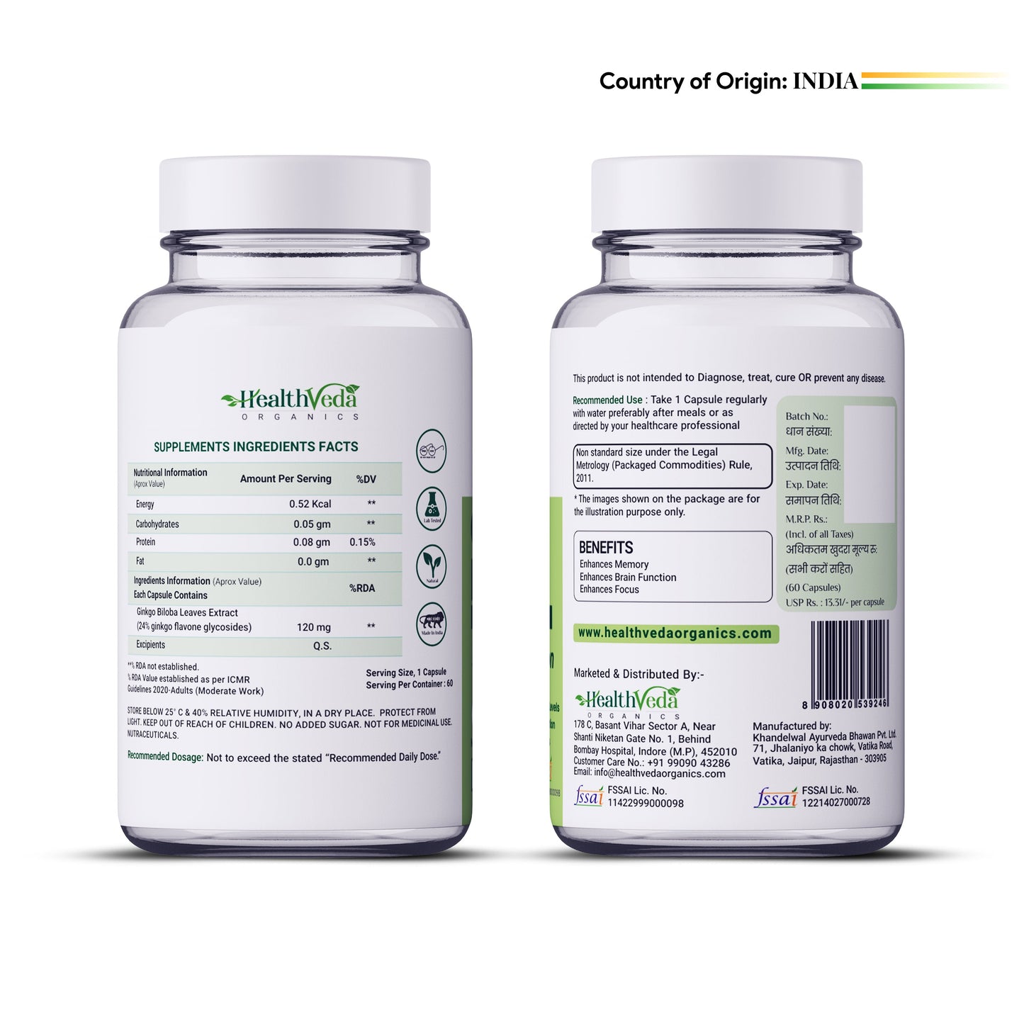 Health Veda Organics Ginkgo Biloba 120 mg | 60 Veg Capsules | Supports Better Concentration And Memory | For both Men & Women