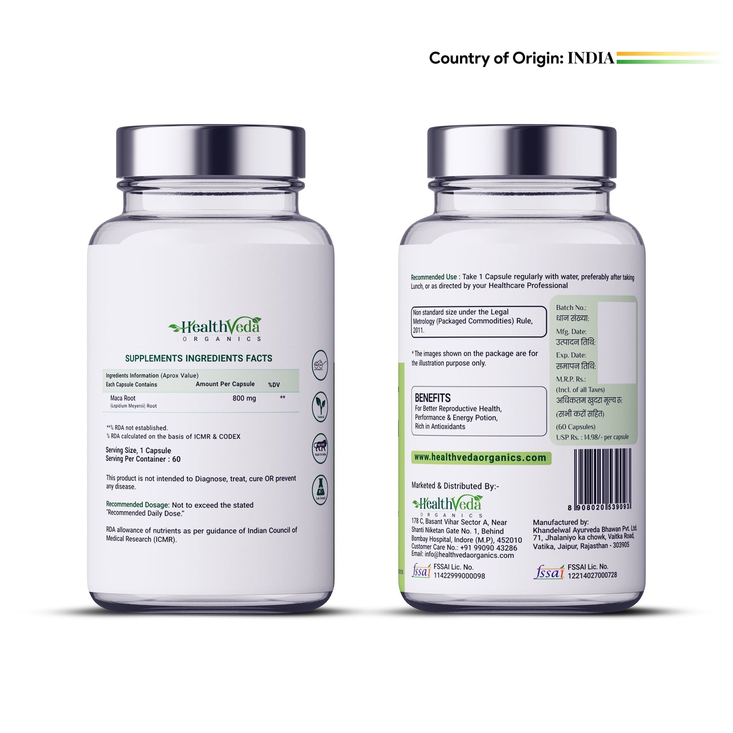 Health Veda Organics Maca Root Supplement, 800 mg | 60 Veg Capsules | Improves Energy & Enhances Performance | For Men & Women