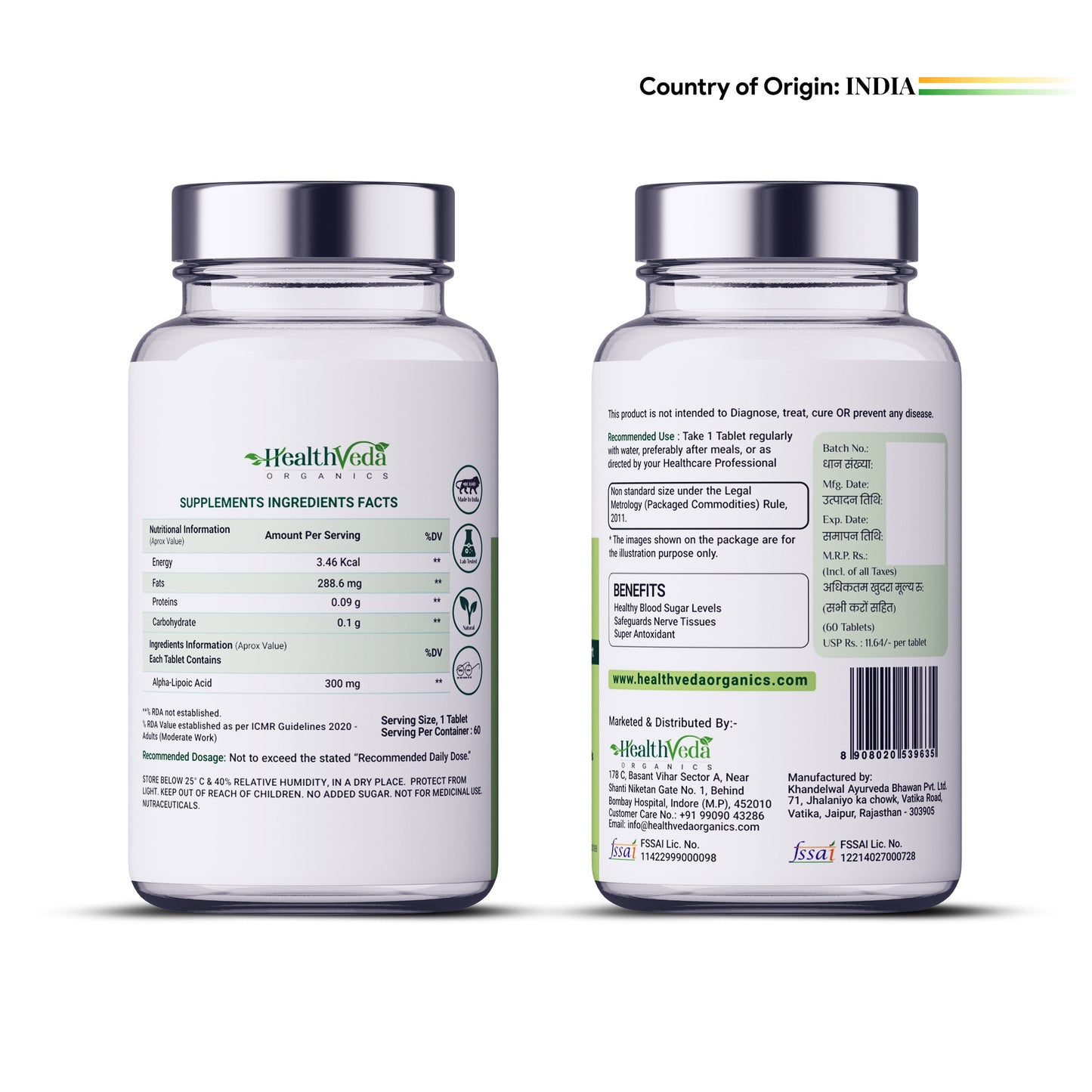 Health Veda Organics Alpha Lipoic Acid 300mg | 60 Veg Tablets | Boosts Liver Function, Maintains Healthy Blood Sugar, Antioxidant Support | For both Men & Women