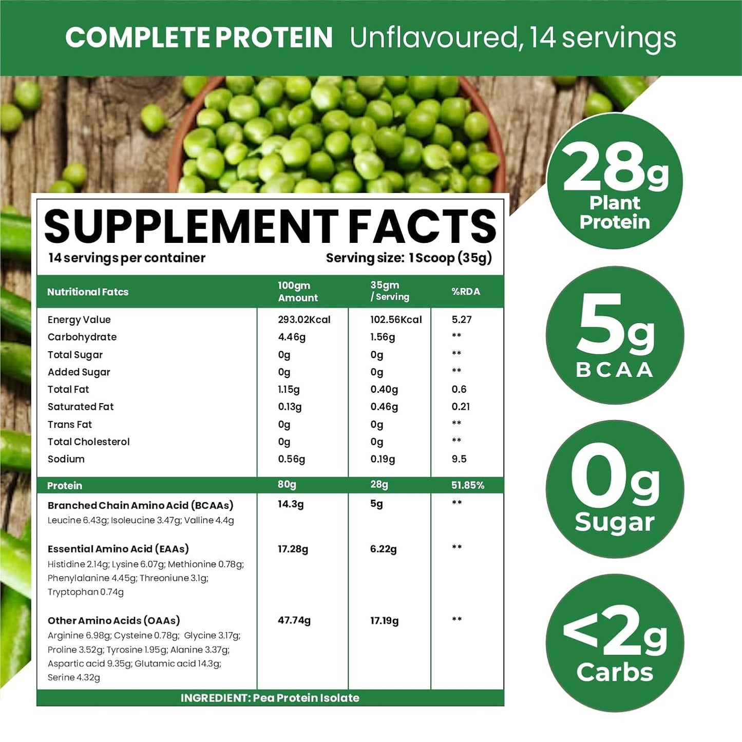 Vlado Himalayan Organics Plant-Based Protein Powder | 100% Organic Pea Protein | 28g Protein, 5g BCAA per Serving | Clean, Vegan, Fast-Absorbing | No Bloating, Easy to Digest | Unflavoured – 500g