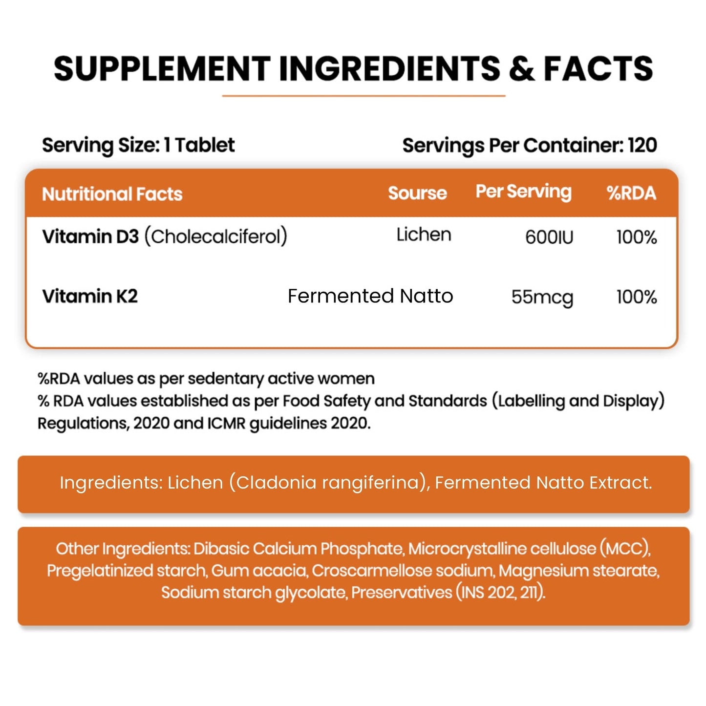 Vlado's Himalayan Organics Vitamin D3 with K2 As MK7 Supplement - 120 Veg Tablets
