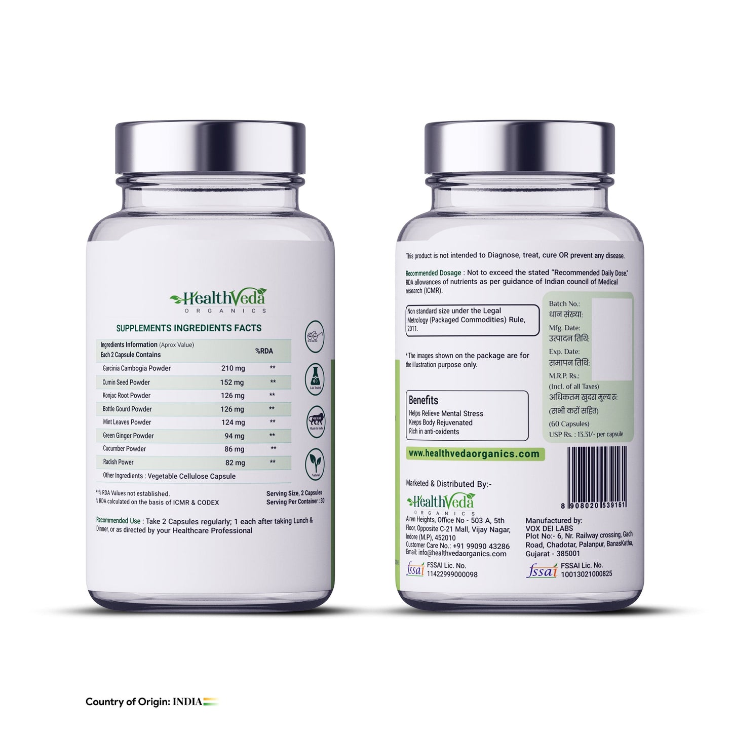 Health Veda Organics Plant Based Garcinia Cambogia Supplement 1000 mg | 60 Veg Capsules | Improves Digestion | For Both Men & Women