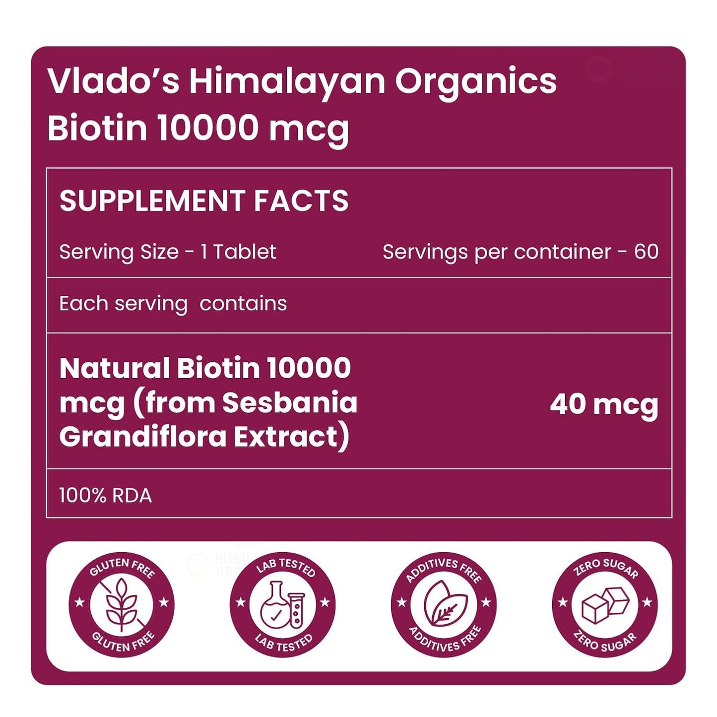 Vlado’s Himalayan Organics Biotin 10000 MCG Tablets | With Sesbania Grandiflora Extract | Biotin Supplement for Men & Women – 60 Veg Tablets