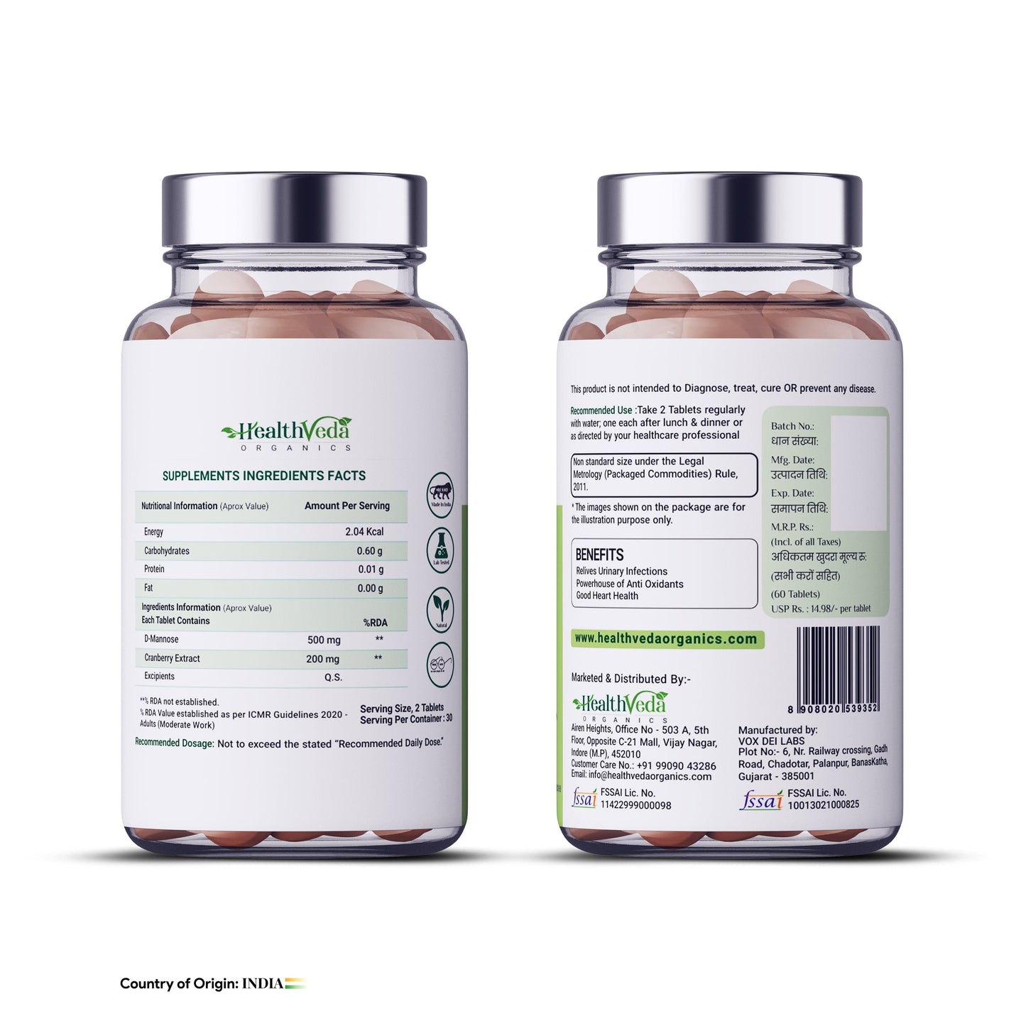 Health Veda Organics D-Mannose 500 mg + Cranberry Extract 200 mg | 60 Veg Tablets I Supports Kidney Health & Urinary Tract Infection