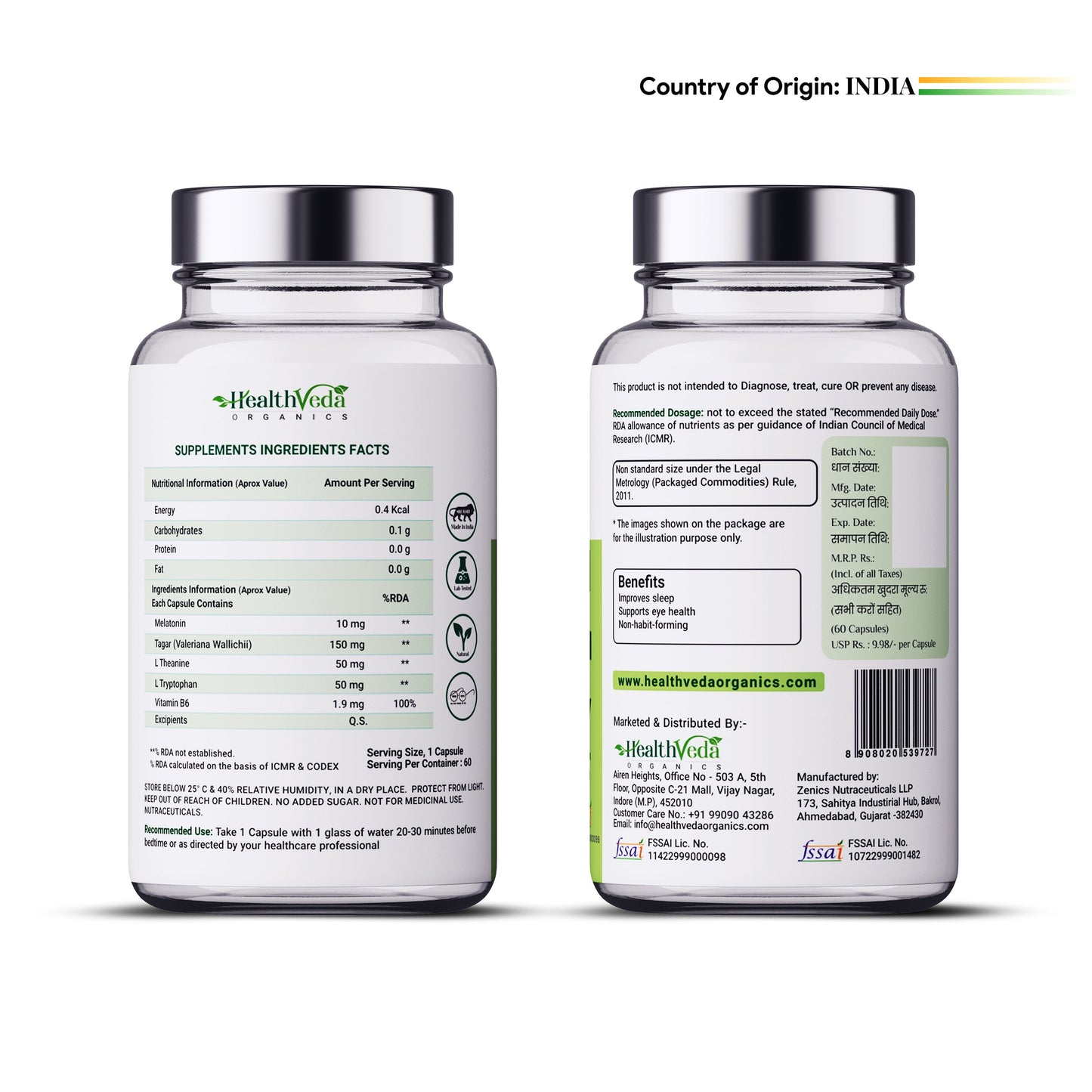 Health Veda Organics Melatonin Capsules for Better Sleep - 60 Veg Capsules (Non Habit Forming)