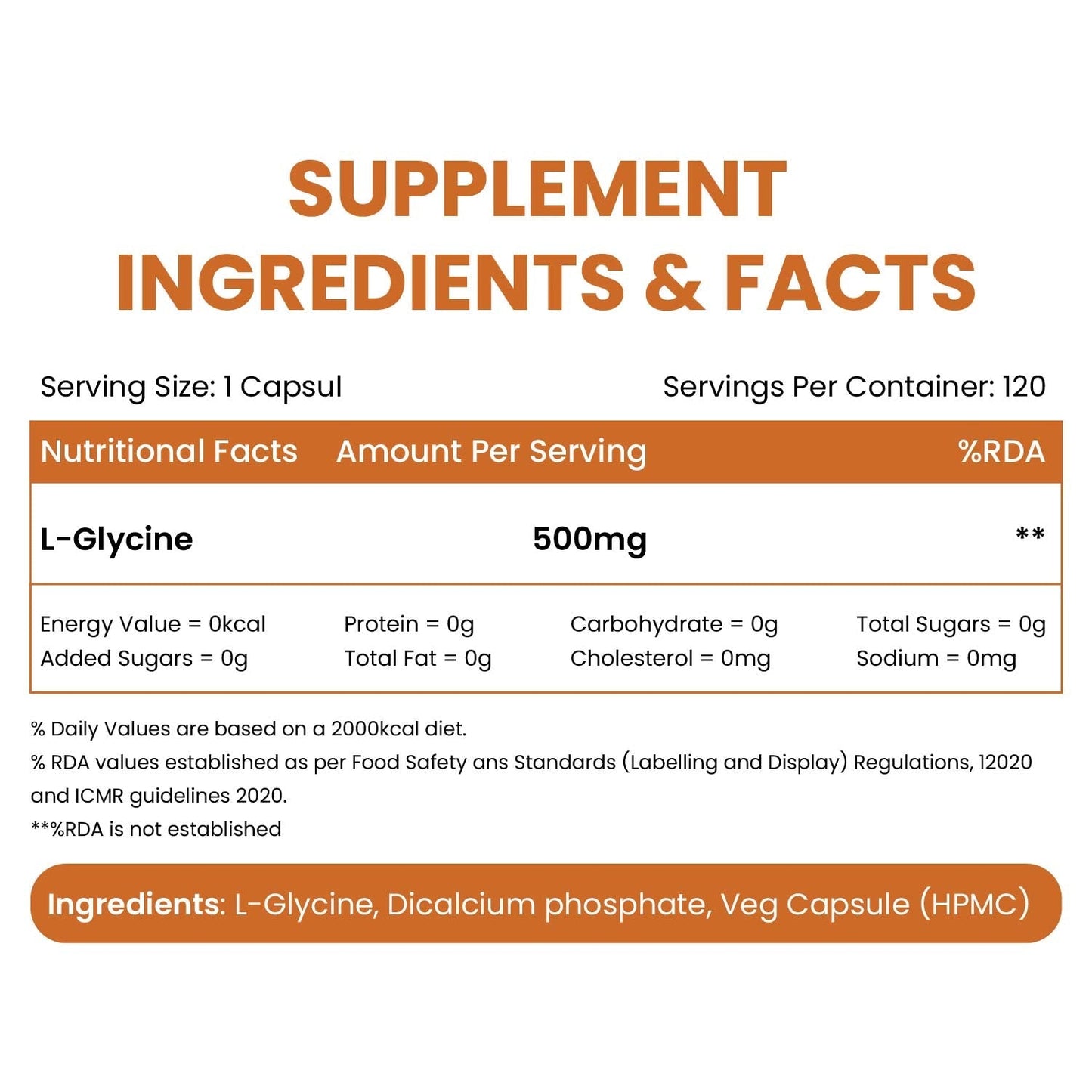 Vlado’s Himalayan Organics L-Glycine 500mg Supplement | 120 Veg Capsules
