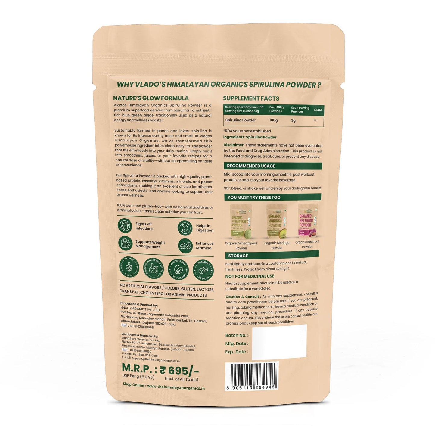 Vlado’s Himalayan Organics Spirulina Powder | 62% Protein | Natural Superfood | 100g