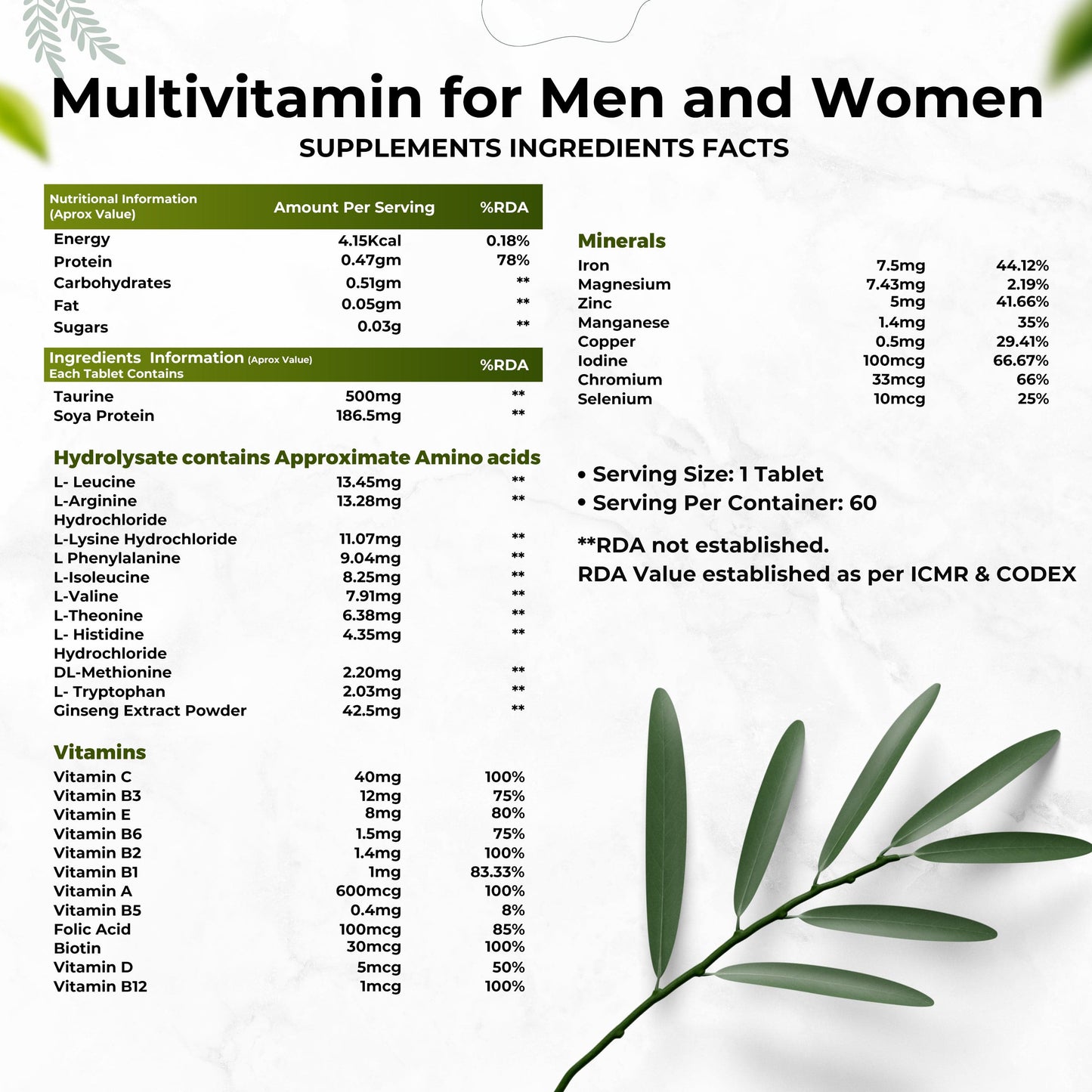 Health Veda Organics Multivitamin for Men and Women | 60 Veg Tablets | Enhances Energy, Stamina & Immunity | Supports Bone Health
