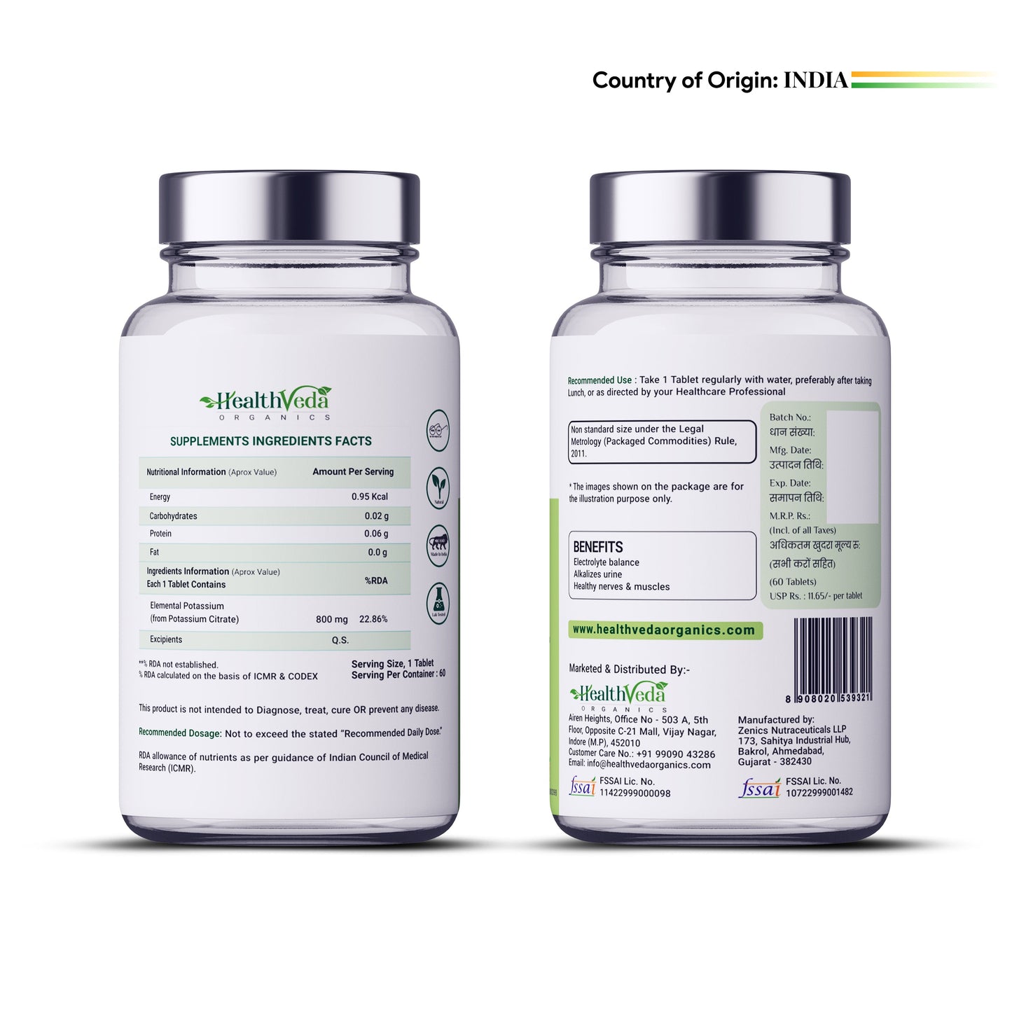 Health Veda Organics Potassium Citrate, 800 mg I 60 Veg Tablets I Support Nerve, Muscle, Joint & Bone Health I Helps Manage Electrolytes | For both Men & Women