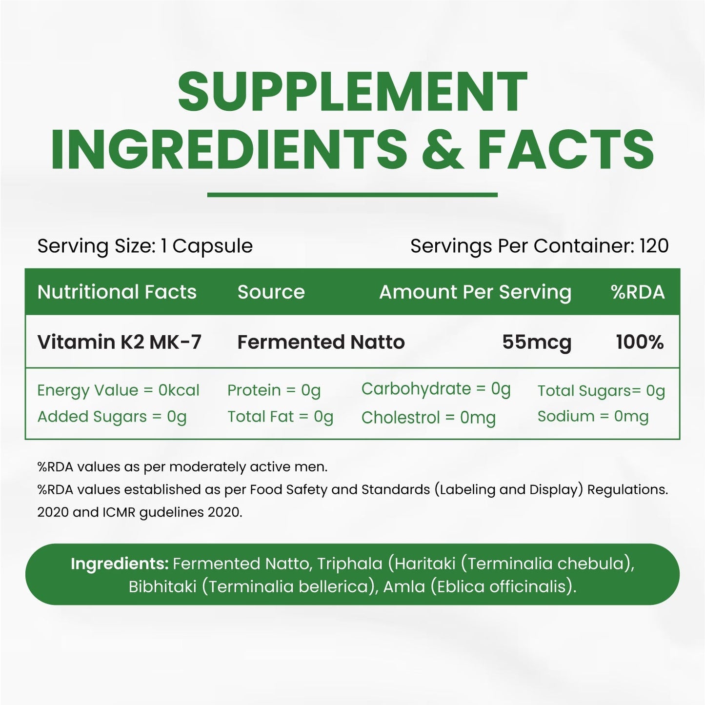 Vlado's Himalayan Organics Plant-Based Vitamin K2 MK- 7 Supplement 55 MCG / Serving - k2 supplements for Men & Women - 120 Veg Capsules