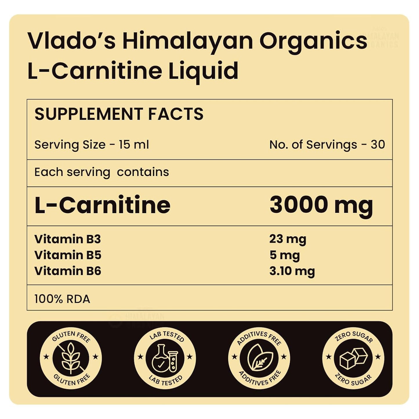 Vlado's Himalayan Organics L-Carnitine Liquid 3000 mg with Vitamin B3, B5, B6 | Pre, Intra & Post Workout Supplement | 5X Strength | Double Strength Formula | For Men & Women | 30 Servings | Strawberry Flavor - 450 ML