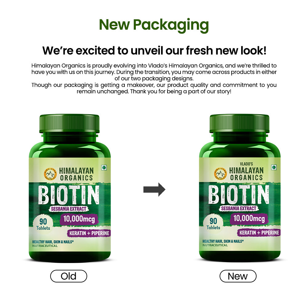 Vlado's Himalayan Organics Biotin 10,000mcg with Keratin & Piperine | 90 Veg Tablets