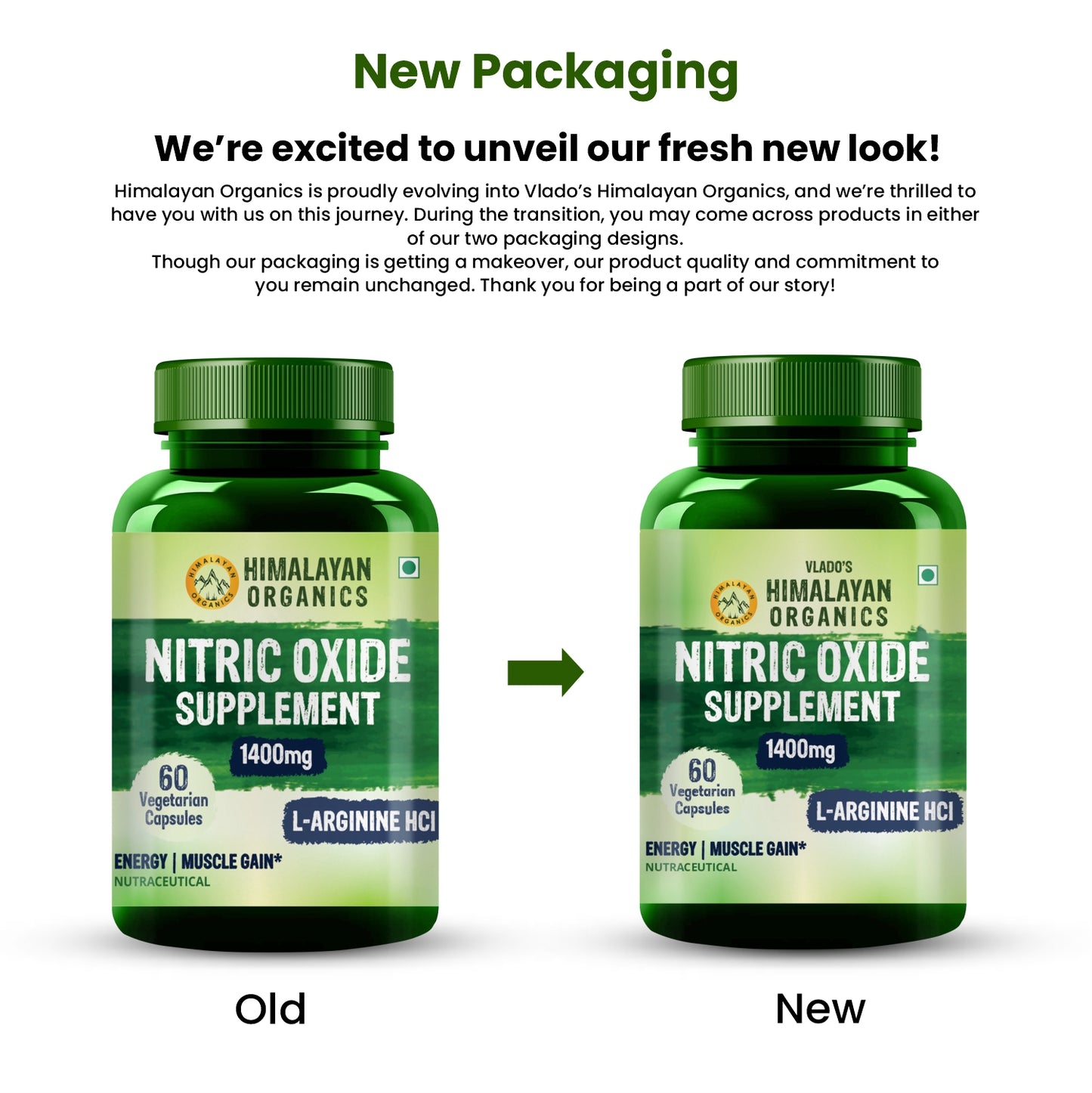 Vlado's Himalayan Organics Nitric Oxide Supplement with L- Arginine HCL 1400mg/Serve with Caffeine | Muscle Growth, Stamina, Recovery, Energy & Immunity | 60 Veg Capsules