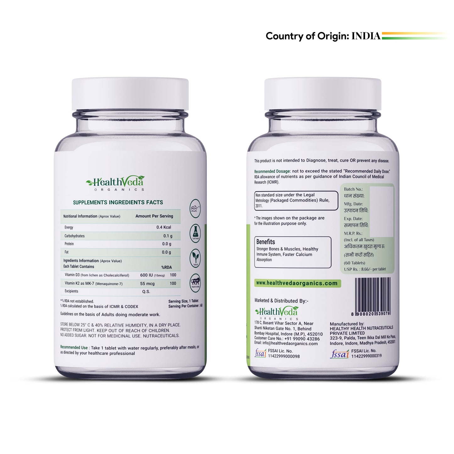 Health Veda Organics Vitamin D3 (600 IU) + Vitamin K2 as MK7 Supplement (55mcg) | 60 Veg Tablets | Supports Healthy Bones, Immunity & Joint Health | For Men & Women