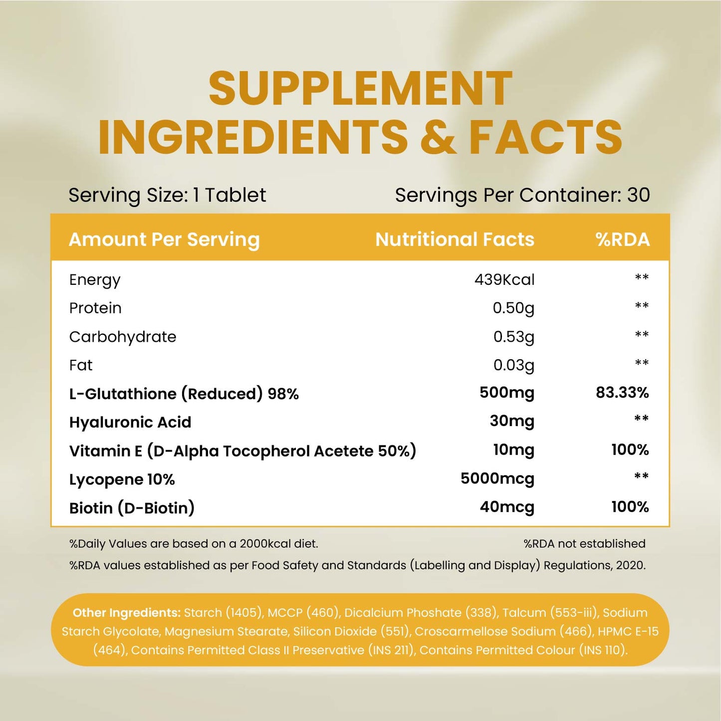 Vlado’s Himalayan Organics L-Glutathione Reduced with Hyaluronic Acid, Vitamin E & Biotin | 30 Veg Tablets