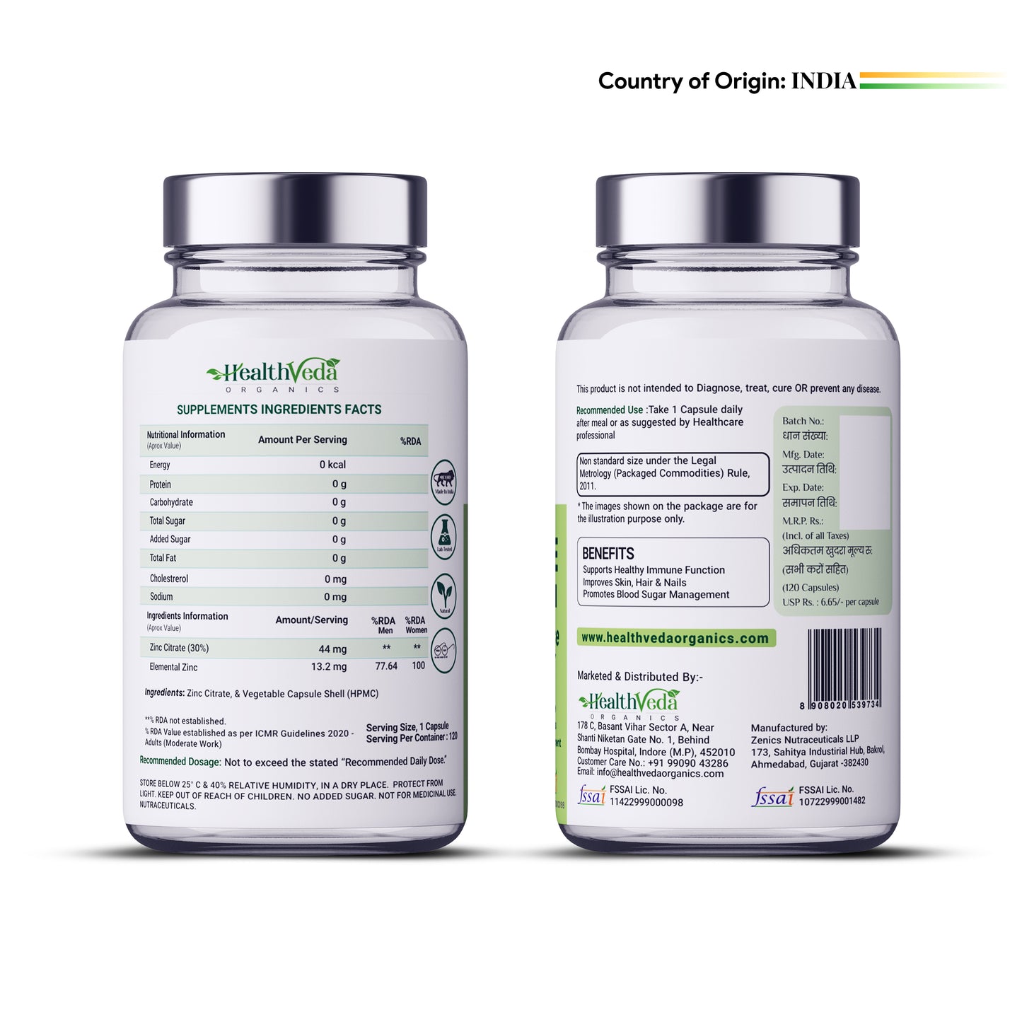 Health Veda Organics Zinc Citrate | Supports Immune and Immunity | Healthier Skin, Hair & Nails | Improves Iron Absorption | 120 Veg Capsules | For Both Men & Women