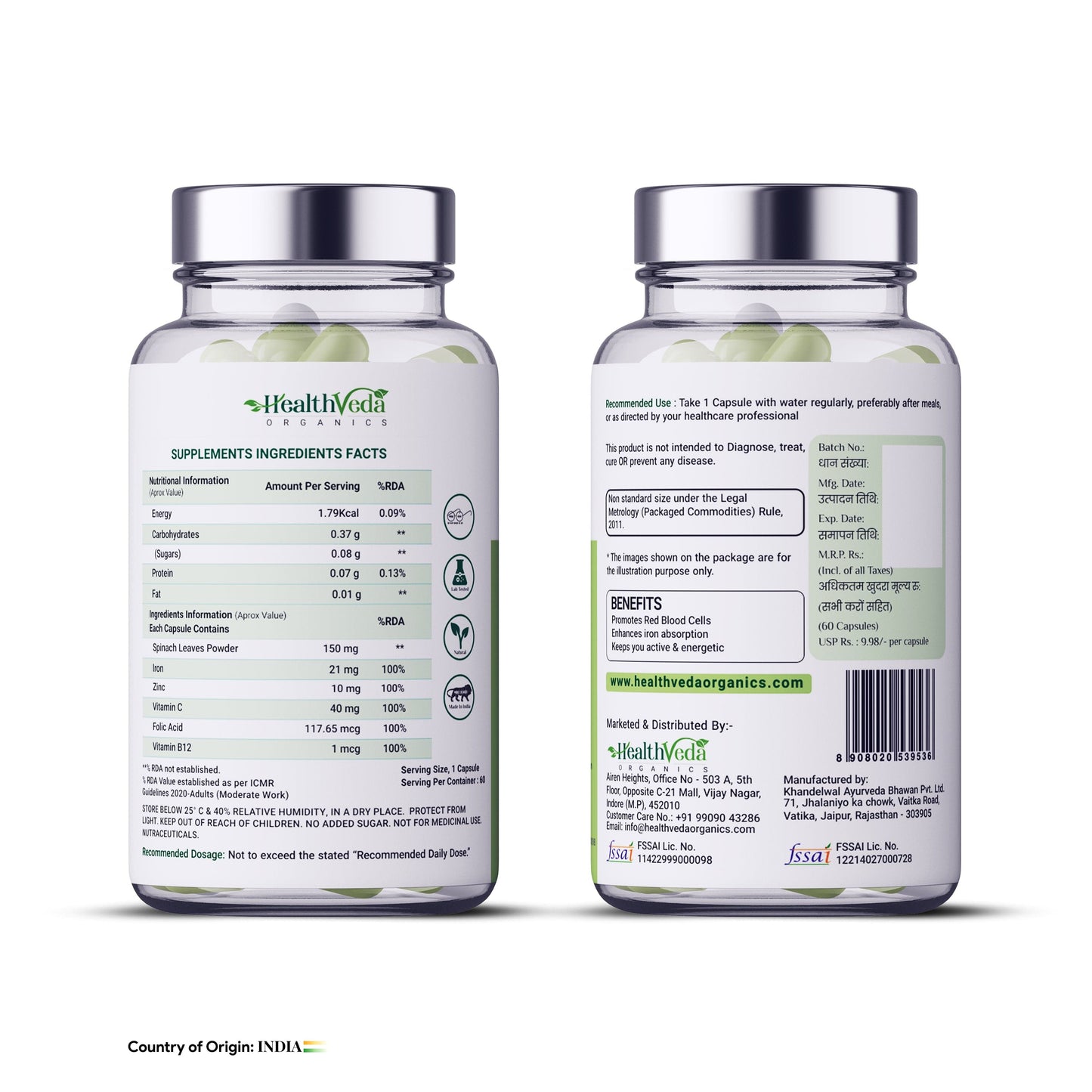 Health Veda Organics Iron + Folic Acid with Zinc, Vitamin C & Vitamin B12 | 60 Veg Capsules | Supports Blood Building, Immunity and Energy | Enhances Iron Absorption| For Both Men & Women