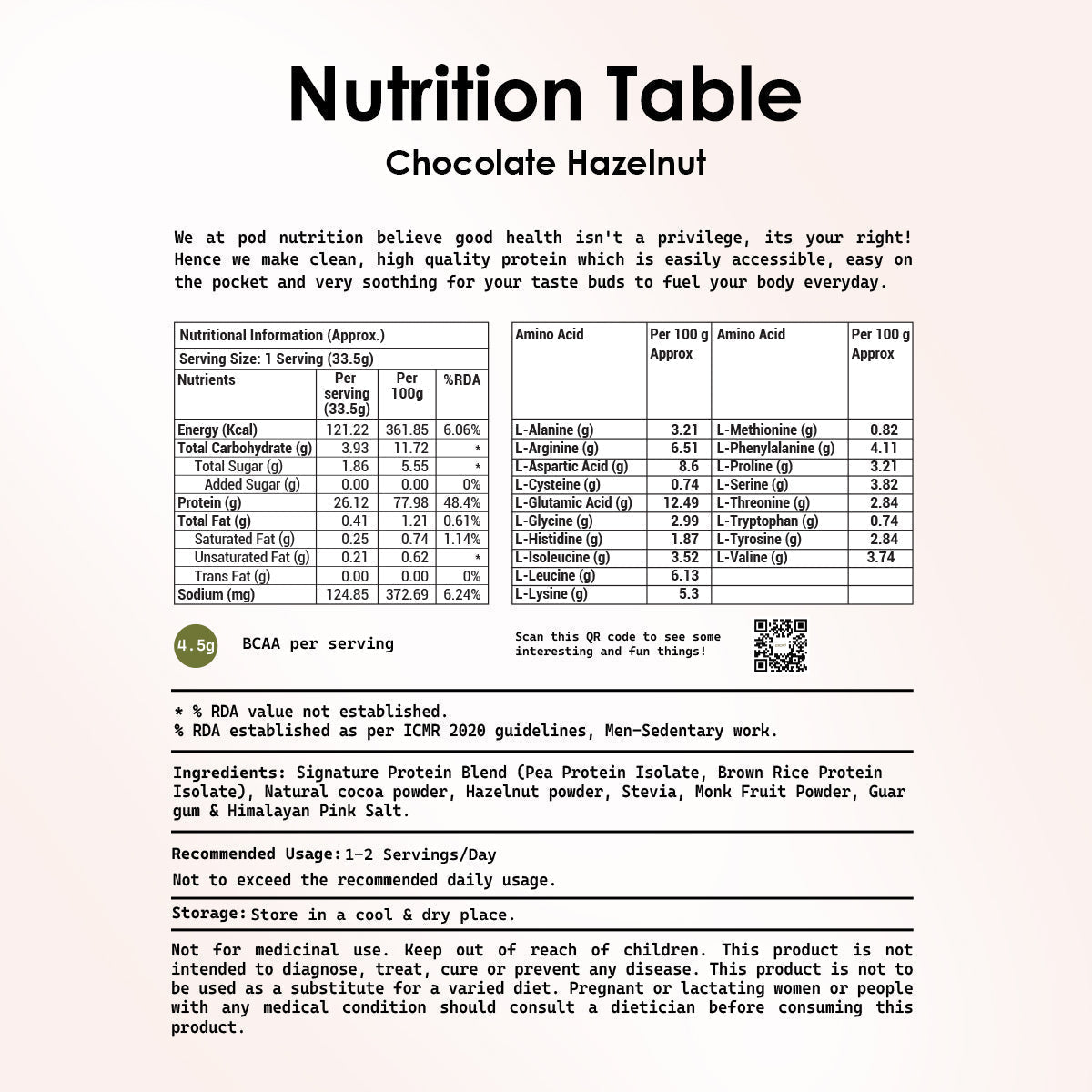 POD NUTRITION Pea Protein Isolate Powder | Vegan Plant Protein, No Added Sugar, Dairy Free| Clean & Easy to Digest with Essential Amino Acids (1kg, Chocolate Hazelnut)