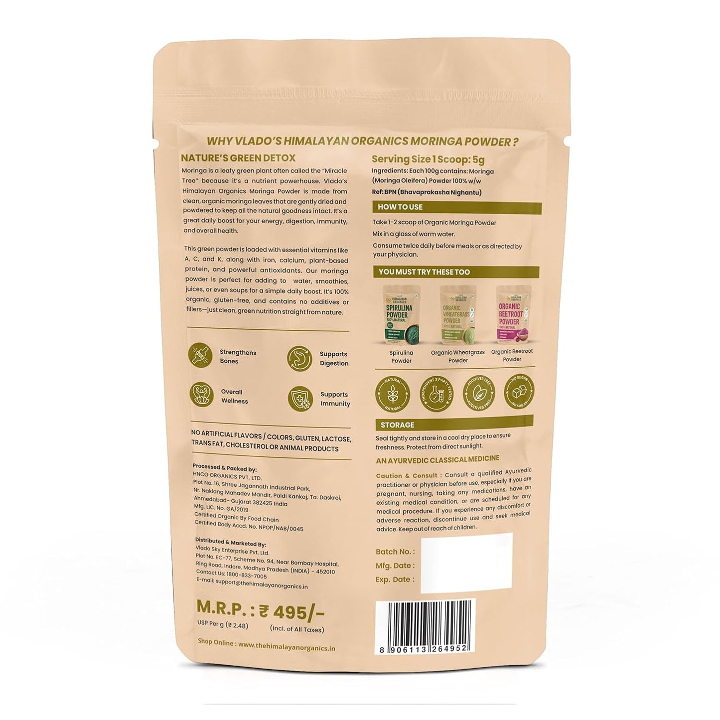 Vlado’s Himalayan Organics Moringa Powder | 100% Organic & Pure Superfood | 200g