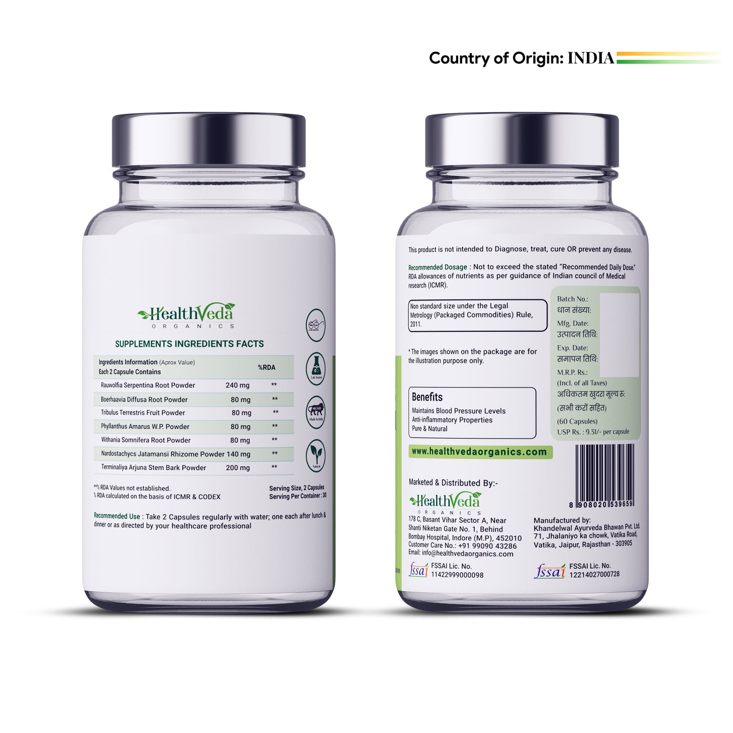 Health Veda Organics B Capsules | 60 Veg Capsules | Maintains Blood Pressure Levels | Supports Heart Health | For both Men & Women