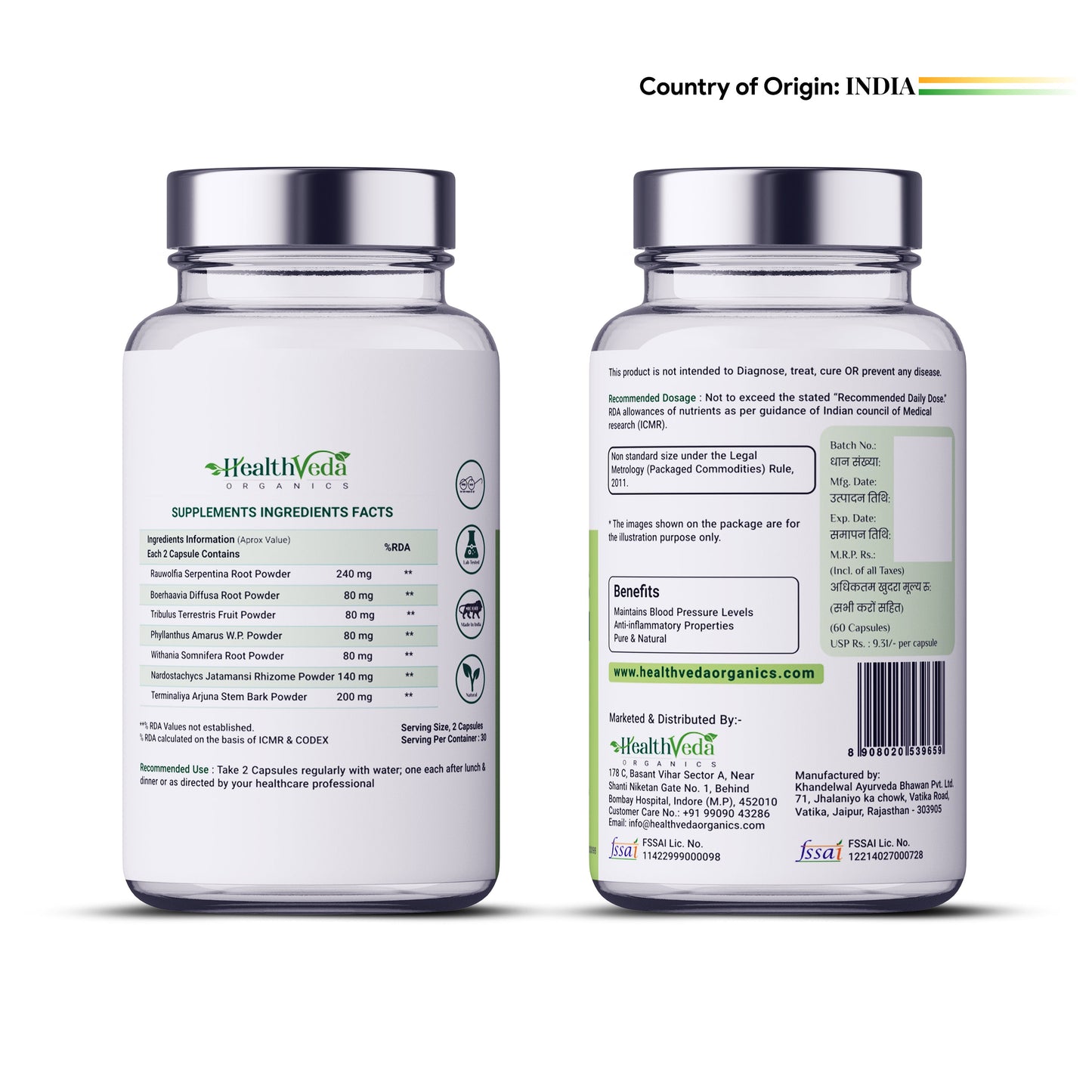 Health Veda Organics B Capsules | 60 Veg Capsules | Maintains Blood Pressure Levels | Supports Heart Health | For both Men & Women