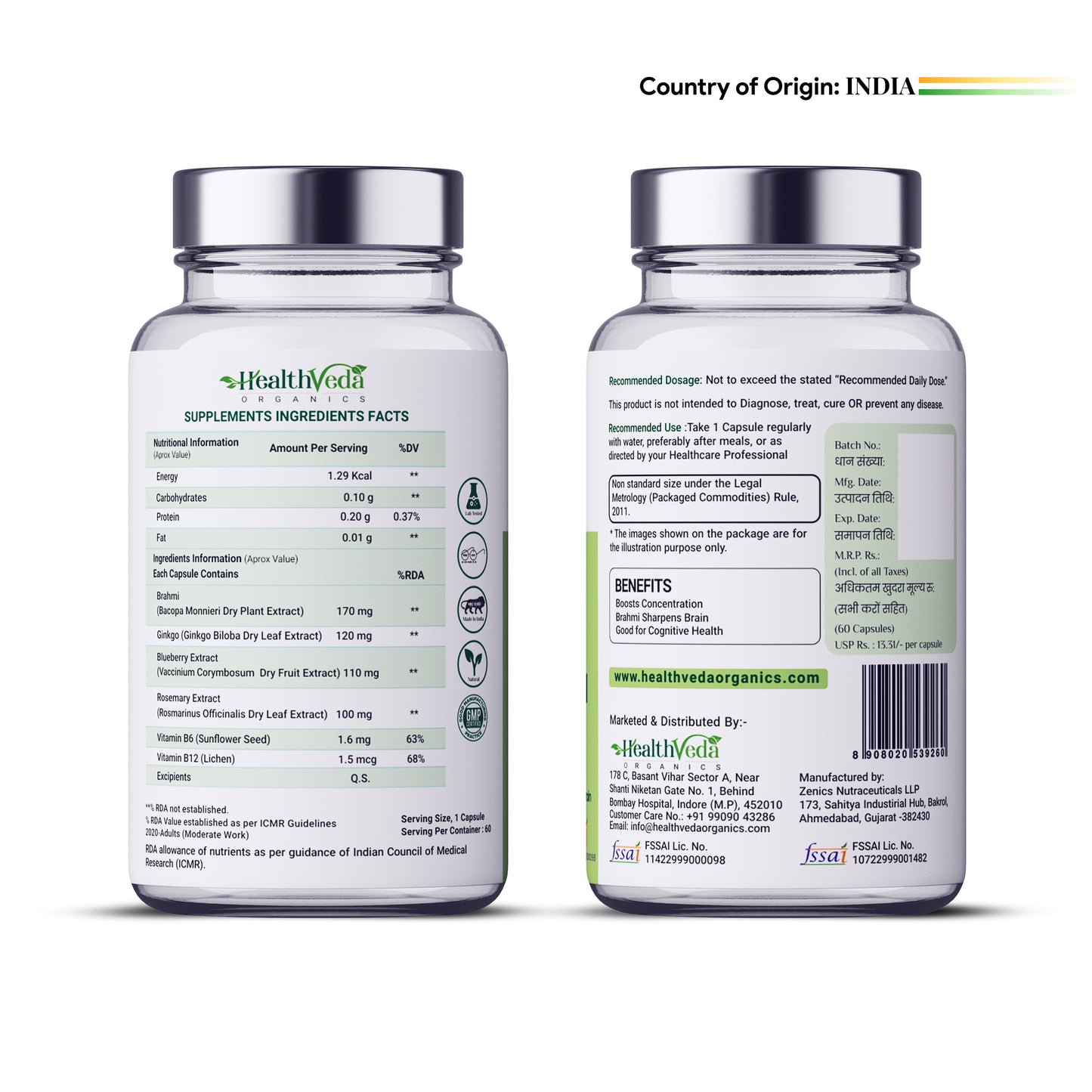 Health Veda Organics Plant Based Brain Booster with Ginkgo Biloba & Brahmi I 60 Veg Capsules I Boosts Concentration & Learning Activities