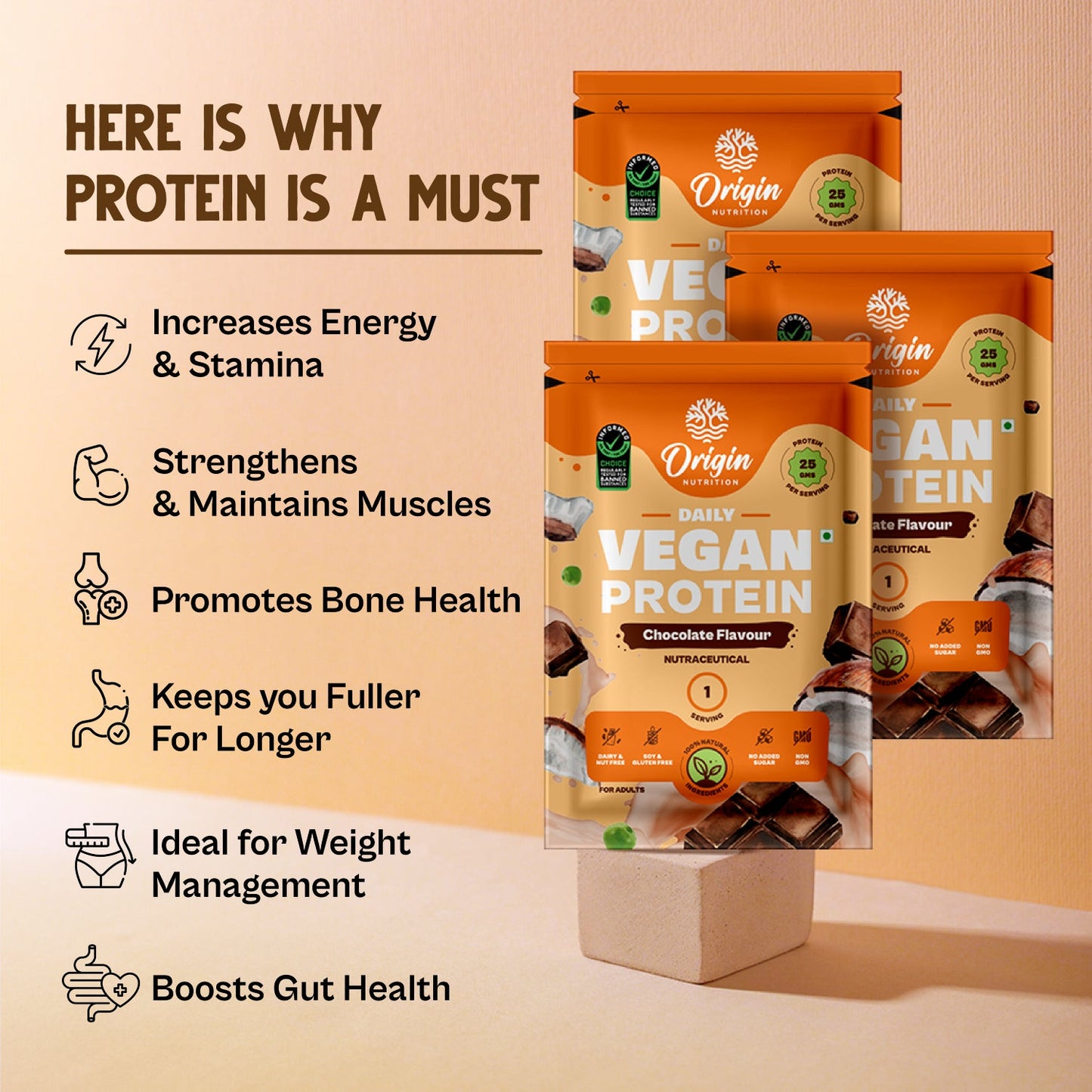 Origin Nutrition Plant Protein Chocolate Trial Pack - 100% Natural | 25g of Protein per sachet | Perfect for Beginners | No Added Sugars | Suitable & Convenient for All Diets (Chocolate)