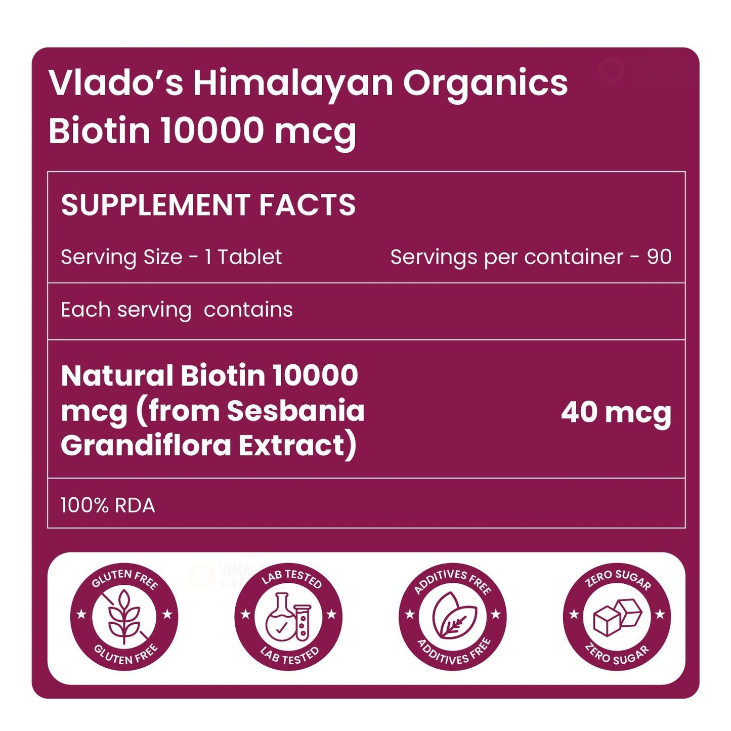 Vlado’s Himalayan Organics Biotin 10000 MCG Tablets | With Sesbania Grandiflora Extract | Biotin Supplement for Men & Women – 90 Veg Tablets