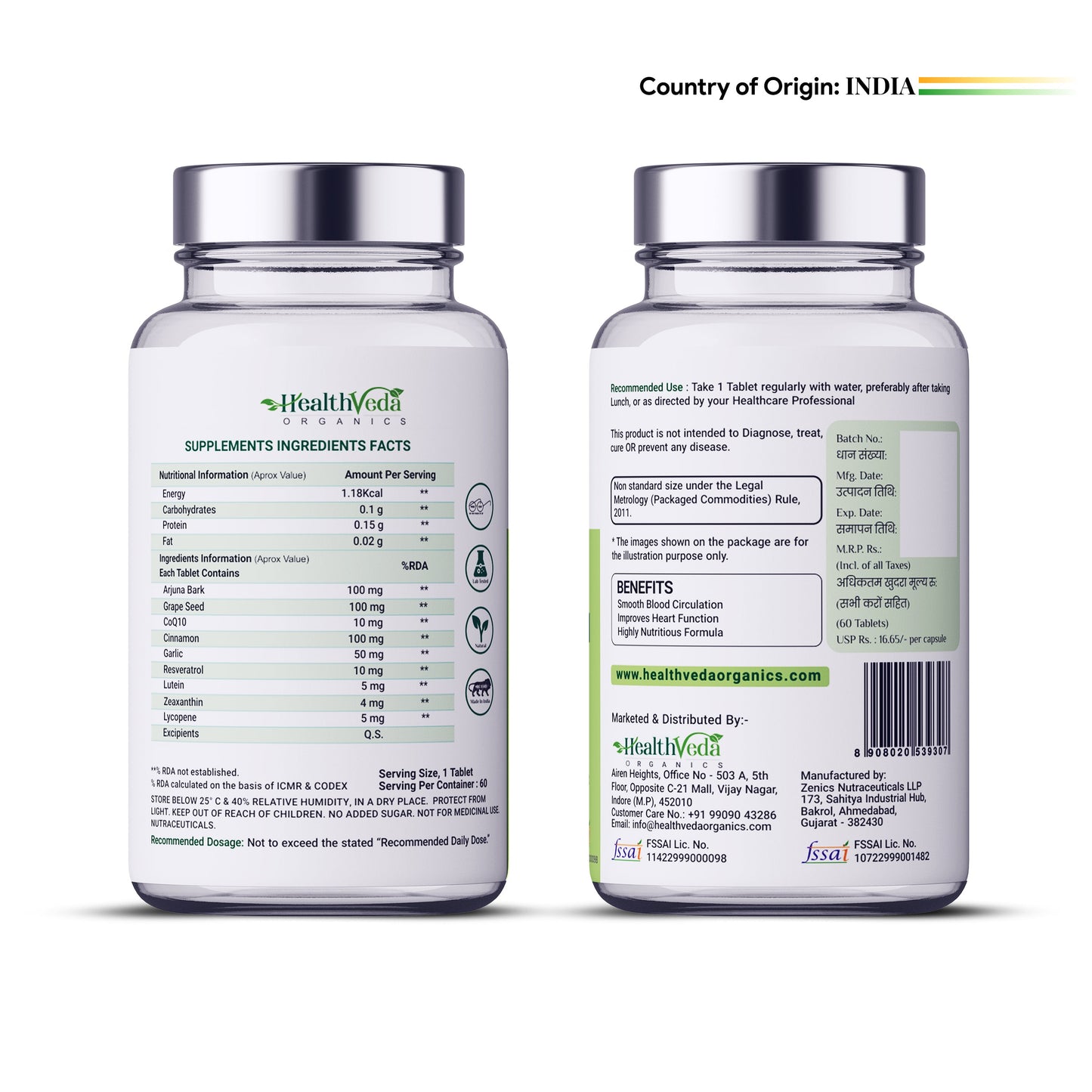 Health Veda Organics Happy Heart Supplement with Arjuna Bark, Grape Seed & Other Ingredients | 60 Veg Tablets | Supports Heart Health & Enhances Blood Circulation