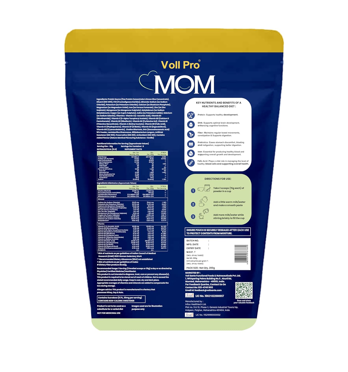 Voll Pro MOM Plant Protein Powder 200g | Classic Vanilla Flavour | Plant-Based Protein With Dietary Fiber, DHA ,Vitamins & Minerals | No Added Sugar | Lactose Free |Cholesterol & Trans Fat Free | Easy To Digest