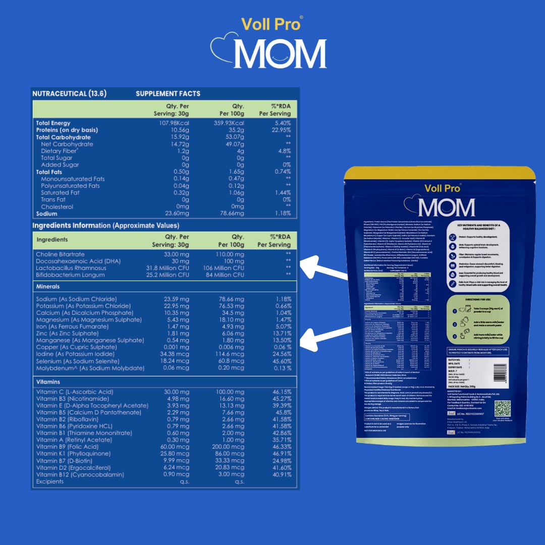 Voll Pro MOM Plant Protein Powder 200g | Classic Vanilla Flavour | Plant-Based Protein With Dietary Fiber, DHA ,Vitamins & Minerals | No Added Sugar | Lactose Free |Cholesterol & Trans Fat Free | Easy To Digest