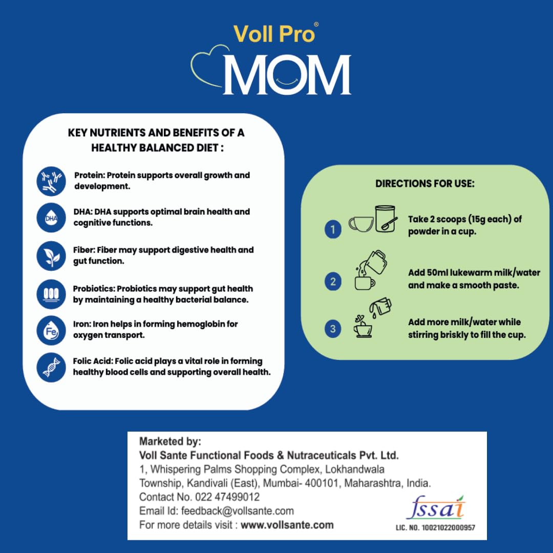 Voll Pro MOM Plant Protein Powder 200g | Classic Vanilla Flavour | Plant-Based Protein With Dietary Fiber, DHA ,Vitamins & Minerals | No Added Sugar | Lactose Free |Cholesterol & Trans Fat Free | Easy To Digest