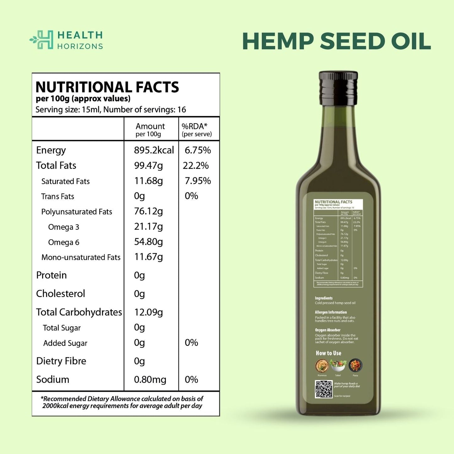 Health Horizons Hemp Cold Pressed Virgin Seed Oil (250ml)
