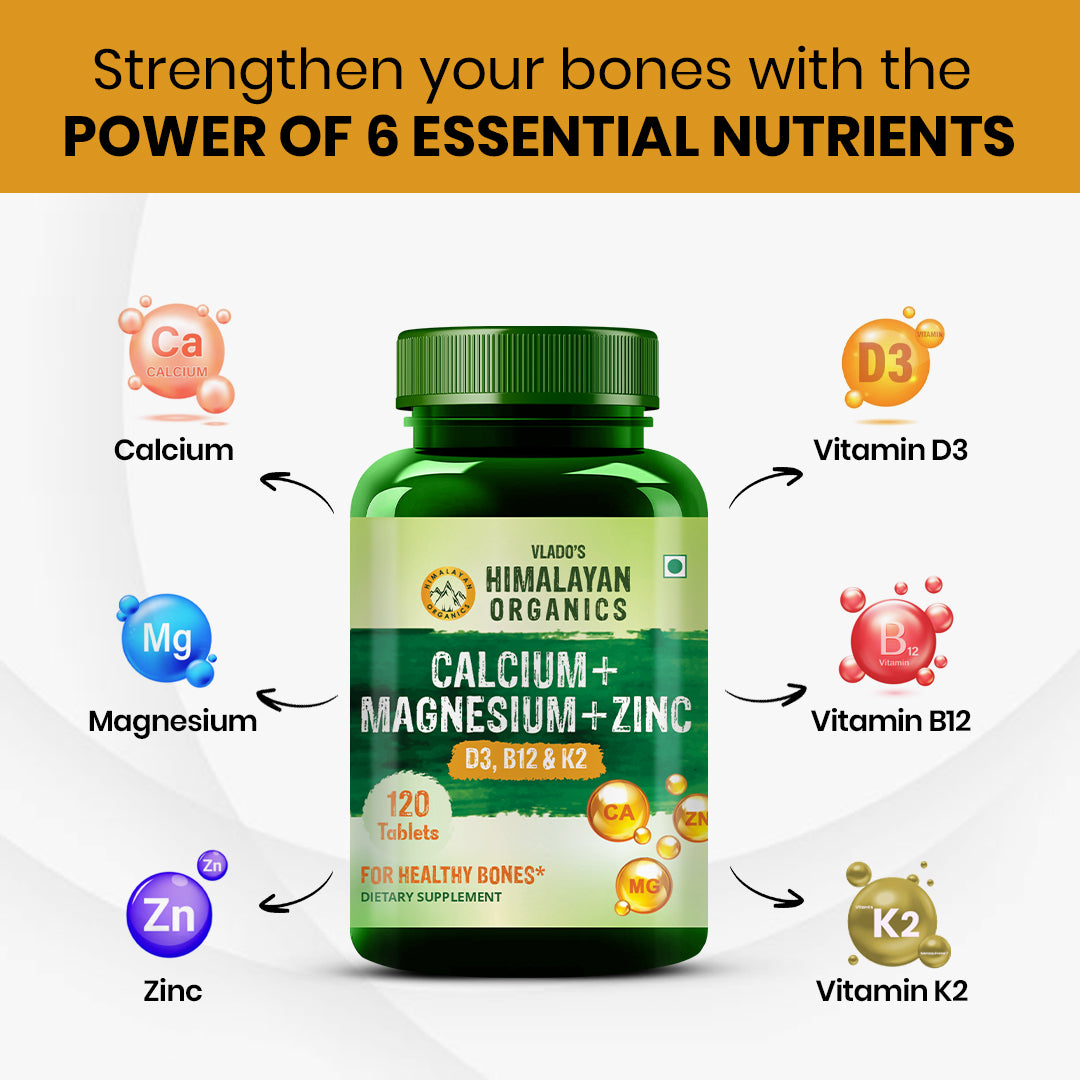 Vlado's Himalayan Organics Calcium Magnesium Zinc Vitamin D3 & B12- 120 Vegetarian Tablets