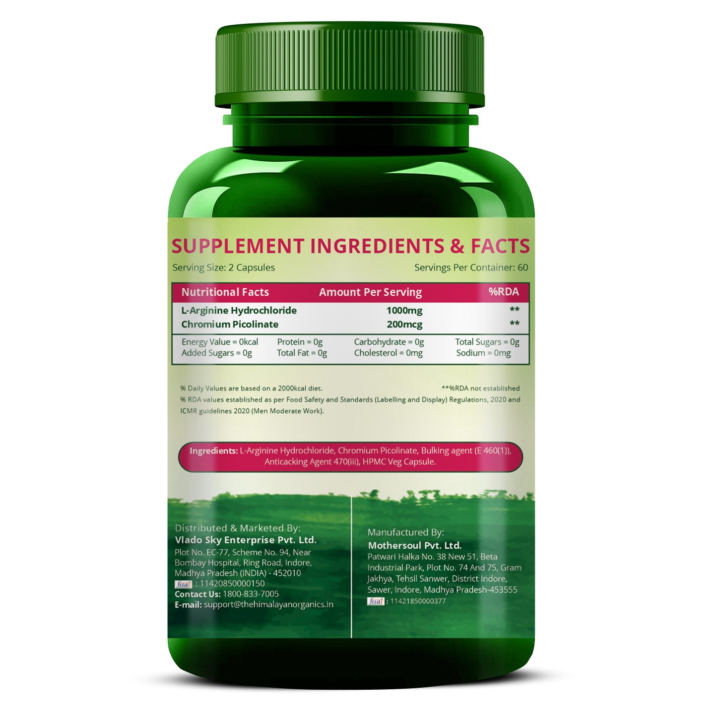 Vlado's Himalayan Organics L-Arginine 1000 mg With Chromium Picolinate Supplement | Improve Muscle Growth Boost Energy And Stamina | Good For Men And Women - 120 Veg Caps
