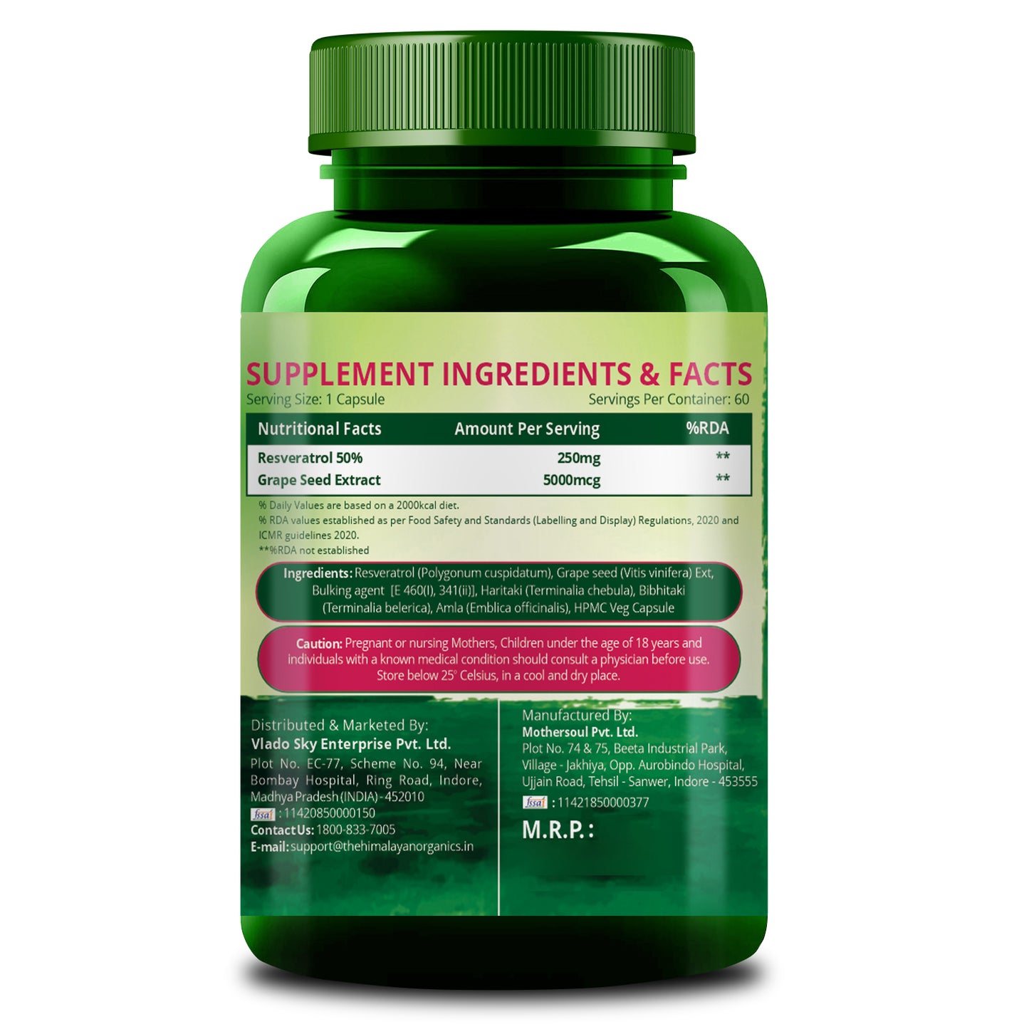 Vlado's HImalayan Organics Resveratrol 255mg with Grape Seed Extract Supplement | Support Heart And Skin Health | Powerful Anti-oxidant for Anti-Ageing - 60 Veg Capsules