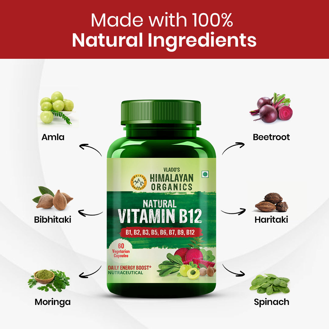 Vlado's Himalayan Organics Natural Vitamin B12 with B-Complex & Moringa | Plant-Based Formula | 60 Vegetarian Capsules