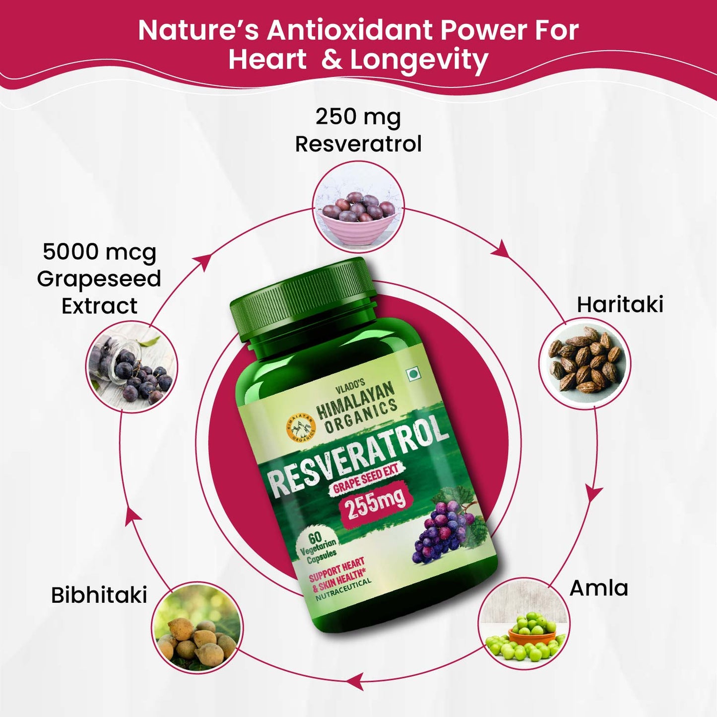 Vlado's HImalayan Organics Resveratrol 255mg with Grape Seed Extract Supplement | Support Heart And Skin Health | Powerful Anti-oxidant for Anti-Ageing - 60 Veg Capsules