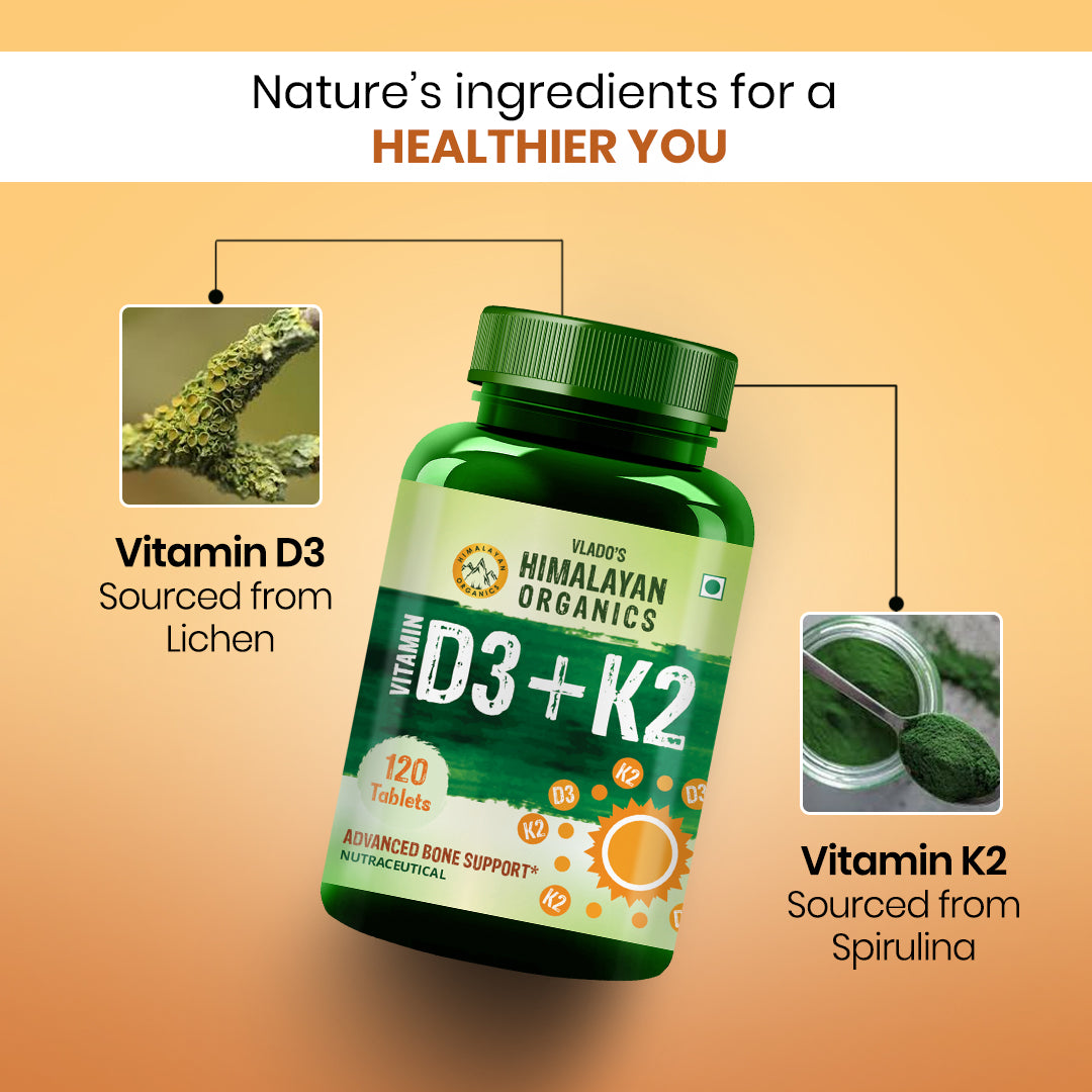 Vlado's Himalayan Organics Vitamin D3 with K2 As MK7 Supplement - 120 Veg Tablets
