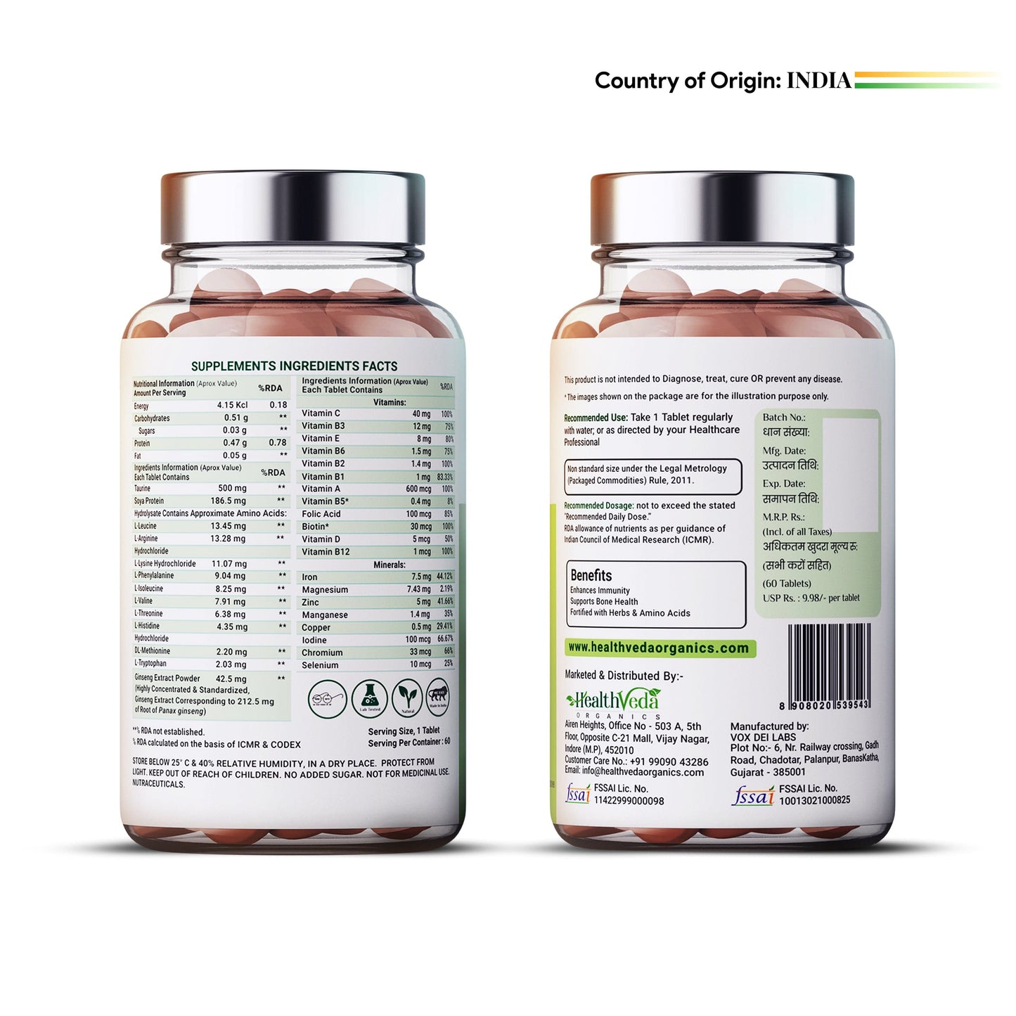 Health Veda Organics Multivitamin for Men and Women | 60 Veg Tablets | Enhances Energy, Stamina & Immunity | Supports Bone Health