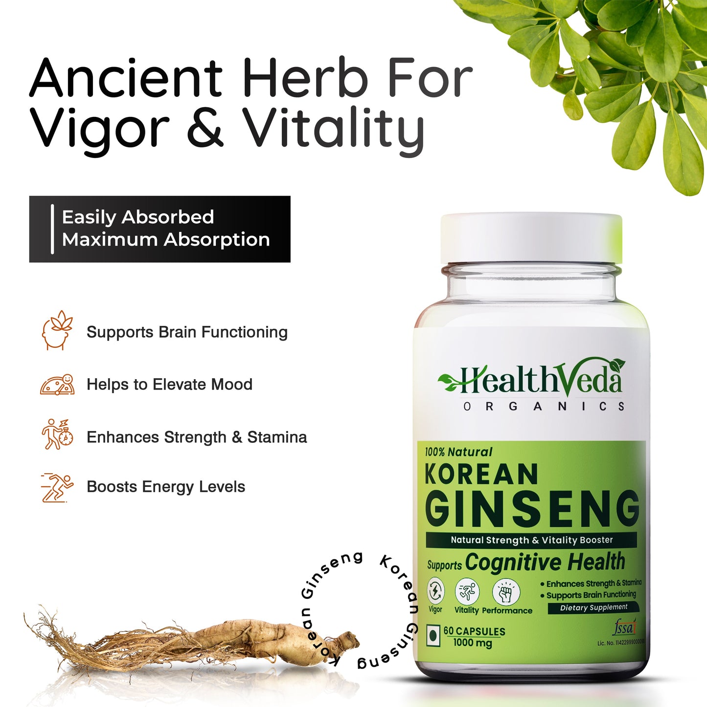 Health Veda Organics Korean Red Ginseng 1000 mg | 60 Veg Capsules | Supports Energy, Vitality & Strength | For Men & Women