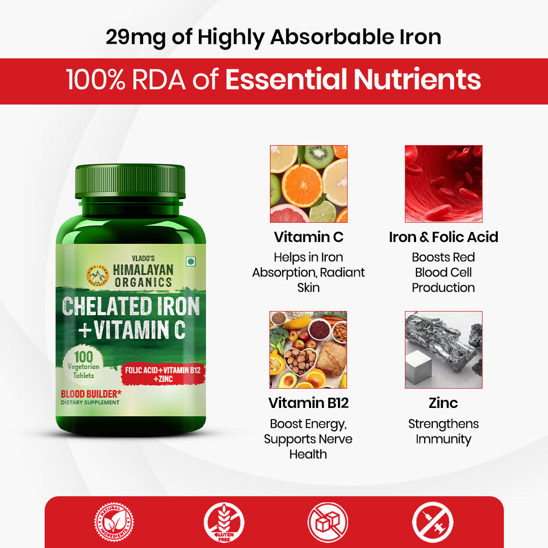 Vlado's Himalayan Organics Chelated Iron with Vitamin C Supplement - 100 Veg Tablet